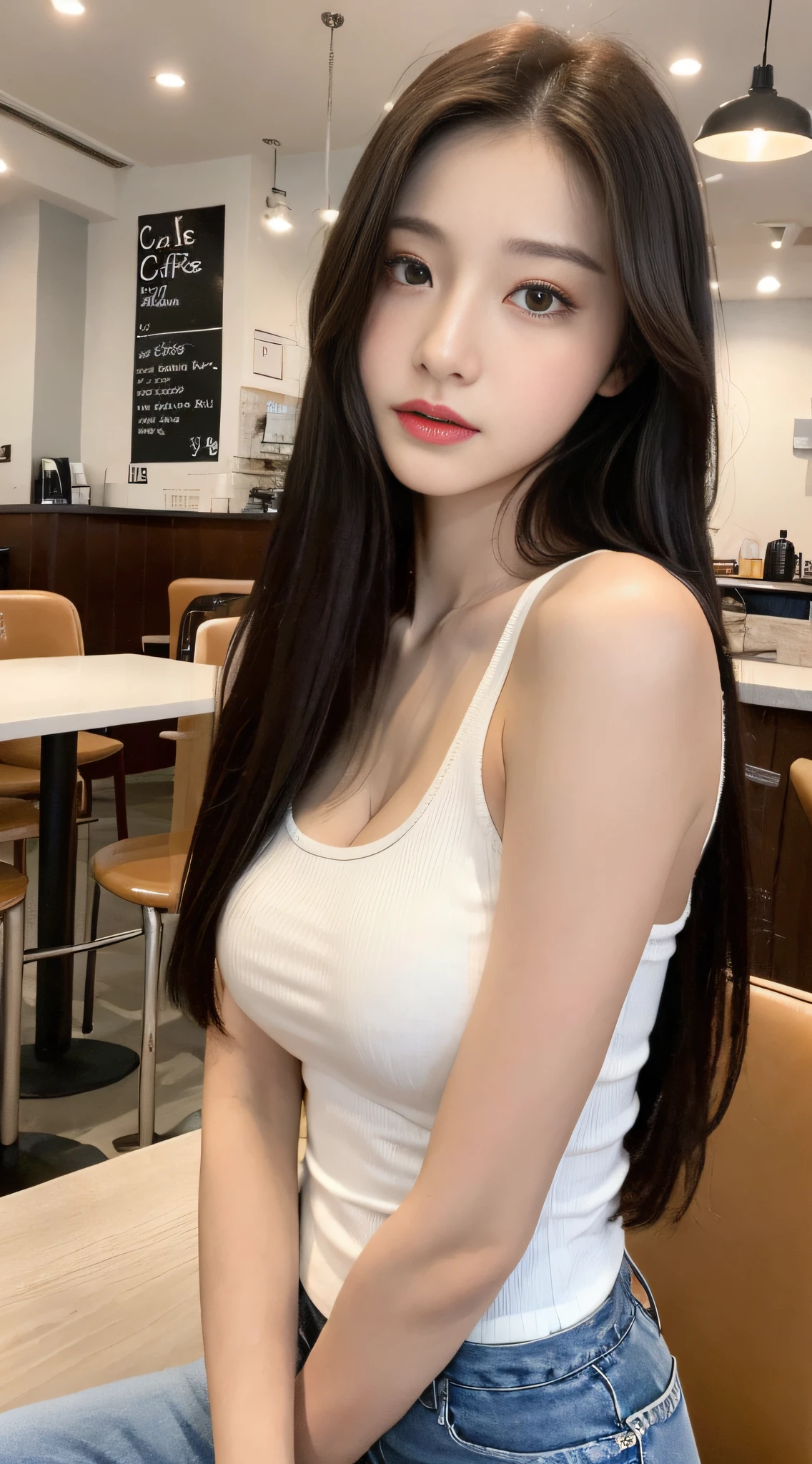 (Realistic, High resolution: 1.3), 1 girl with perfect figure, super fine face and eyes, long hair, tank top: 1.2 in random colors, short jeans, in a café, coffee on the table, big breasts