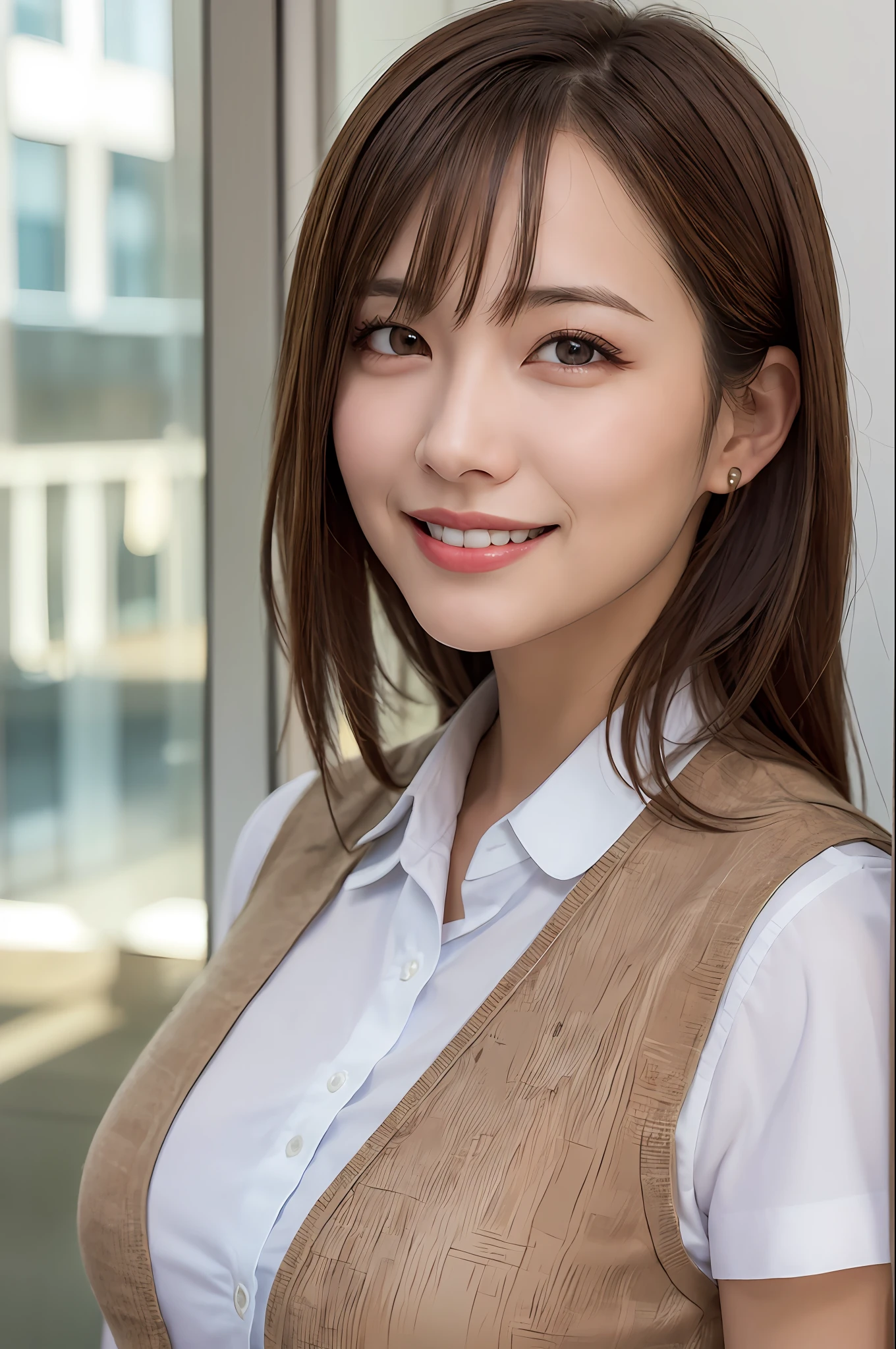 girl 1, mature woman, vest, photo, realistic, best quality, adopted, detailed face, smile, brown hair, office, building from window, detailed background, diffused sunlight, depth of field, bokeh, face when with favorite person, big