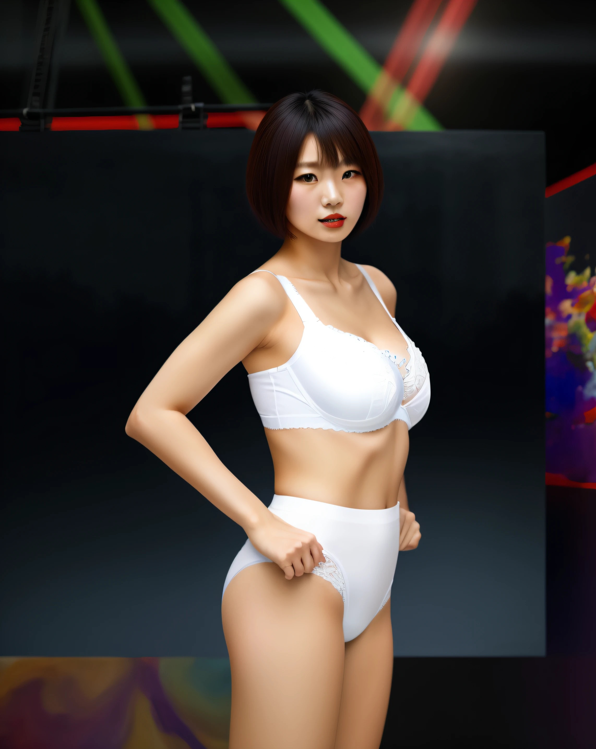 Japanese woman with layered haircut in white bra and white high cut panties, wearing lipstick, realistic art style, intricate details