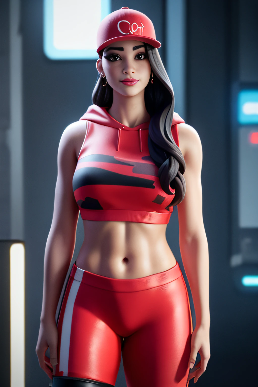 1girl, beautiful, smirk, wearing a red hat, earrings, red camo, red sweatshirt, red leggings, long hair, brown hair, mascara, nose lips, standing, midriff, naval, earrings, (realistic:1.5), cyberpunk, neon city, neon lights, 3d, cgi, volumetric lightning, white sclera, brown eyes