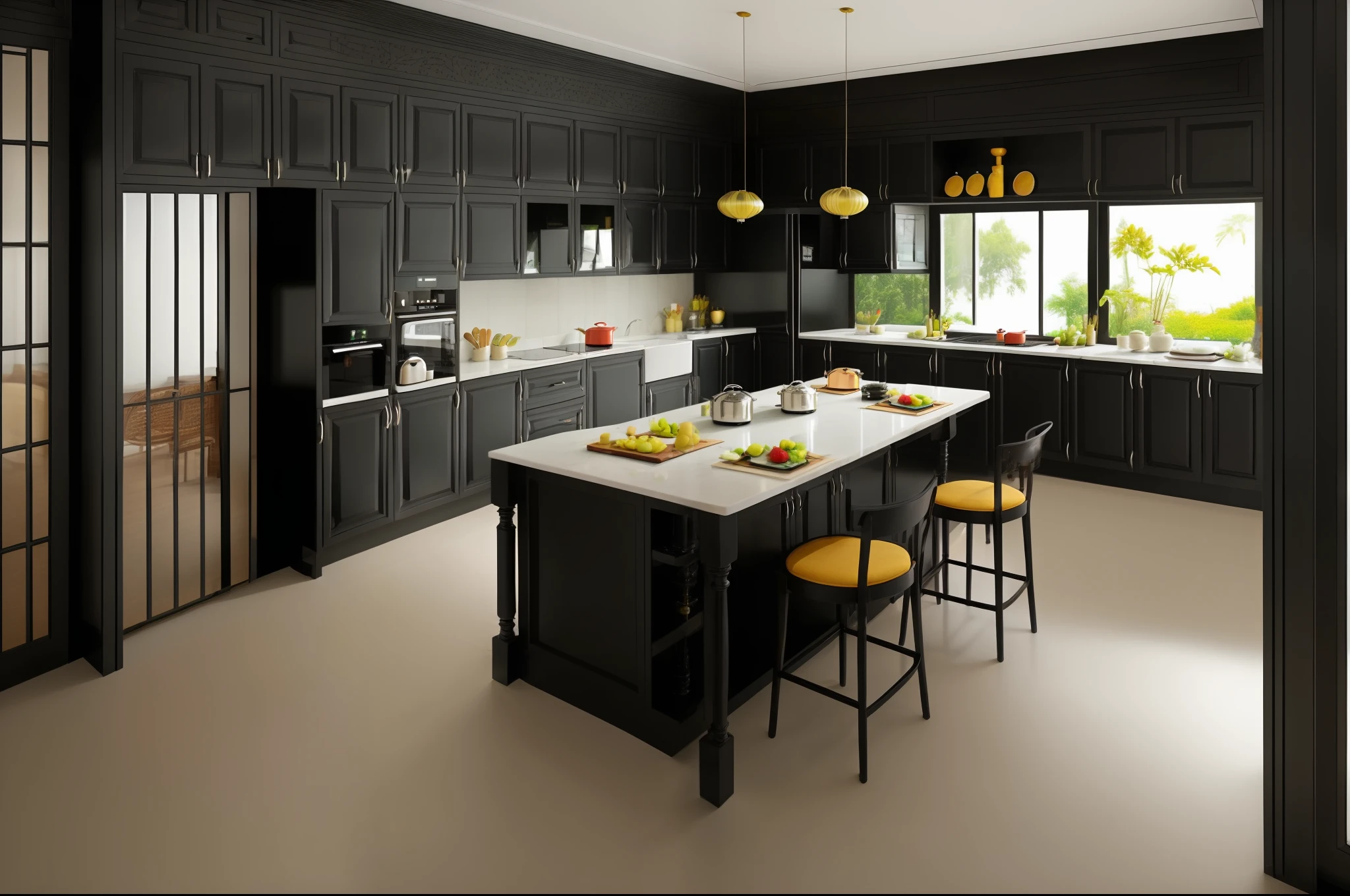 (indochina design kitchen and eating space:1.3), (full black funiture :1.3) (photo realisstic:1.2), (supper detail:1.2) indochine style , full frame