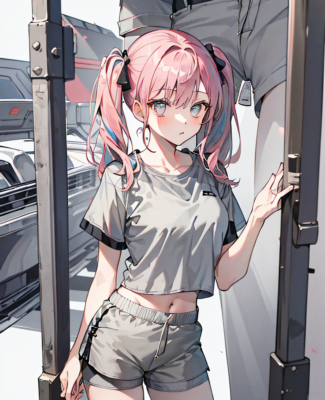 (Top Quality, Masterpiece), ((((1 girl))))), (Female-centered), ((Twin Tails)), (Pink hair)))(((Parker)), Standing, White Background, ((((Gray Shorts))))), (((Beautiful Eyes))