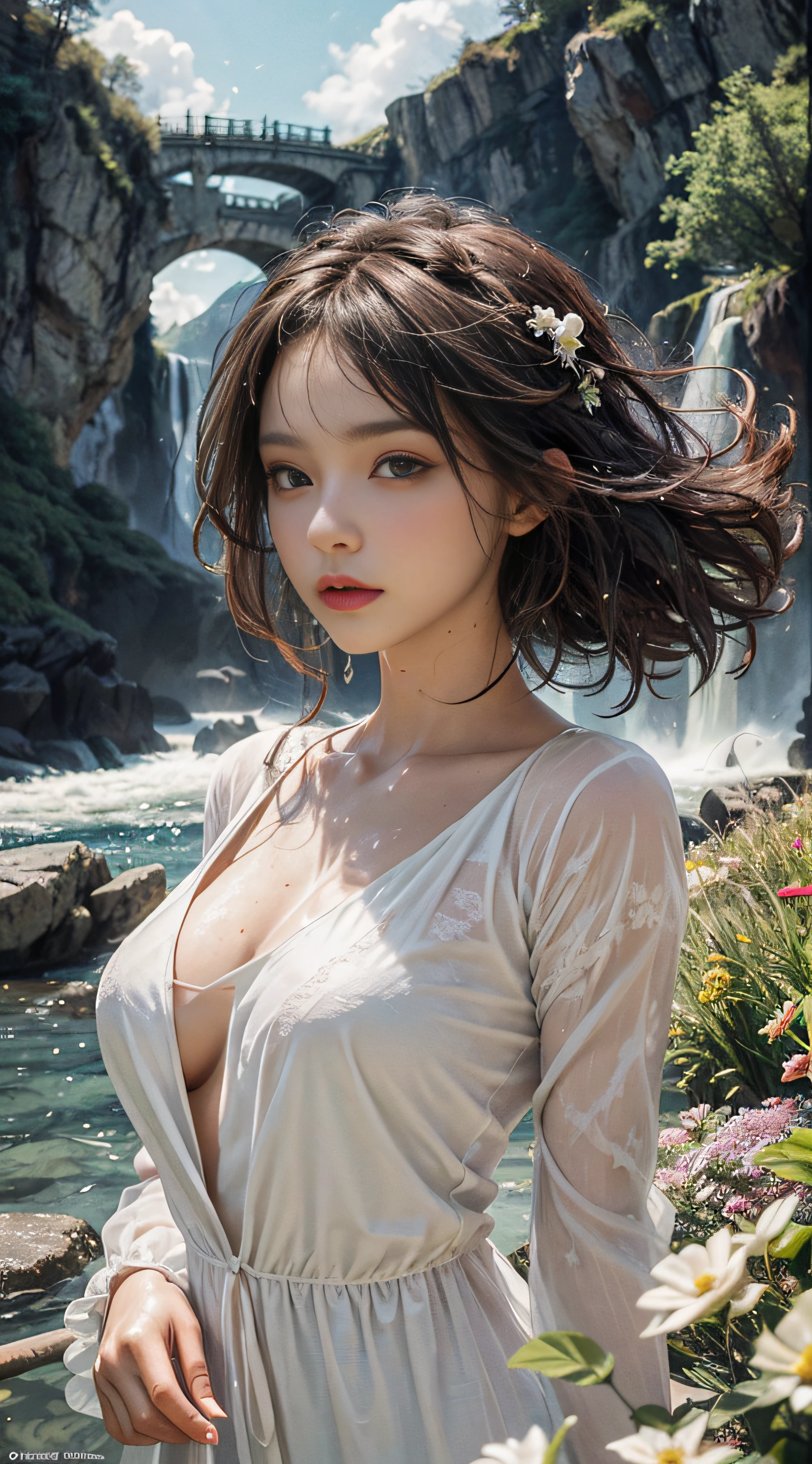 ((Best Quality, 8K, Masterpiece: 1.3)), Sharp: 1.2, Perfect Body Beauty: 1.4, Slim Abs: 1.2, ((Layered Hairstyle, Mid-Chest: 1.2)), Wet: 1.5, Masterpiece, Beautiful Sky and Clouds, Rich Natural Scenery, Cliffs, Lakes and Rivers, Waterfalls Flying Water, Fanatic, Long Sleeves, Elegance, Holy, Colorful, Highest Detail, Underwater, Floating Hair, Flowers, Masterpiece, Superb Style, Spring Dress, Colored Hair, Outdoor, Magazine Cover, Upper Body