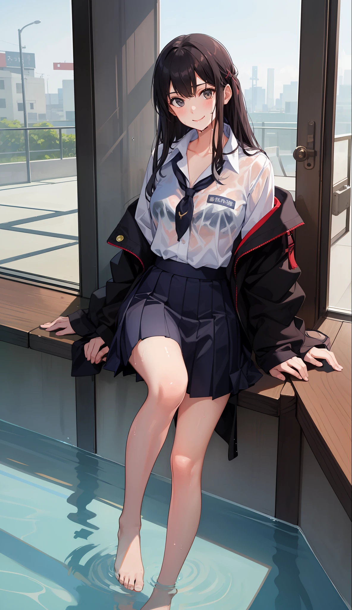 1 girl, smile, shirt, skirt, (small) chiralism, Japan high school school uniform, seravuk, summer clothes, squall-wet uniform, sheer bra, (portrait from knee up),