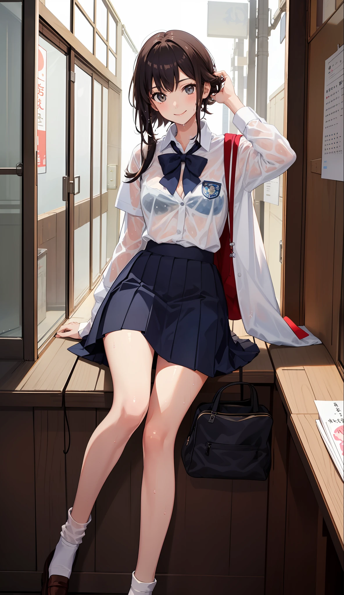 1 girl, smile, shirt, skirt, (small) chiralism, Japan high school school uniform, seravuk, summer clothes, squall-wet uniform, sheer bra, (portrait from knee up),