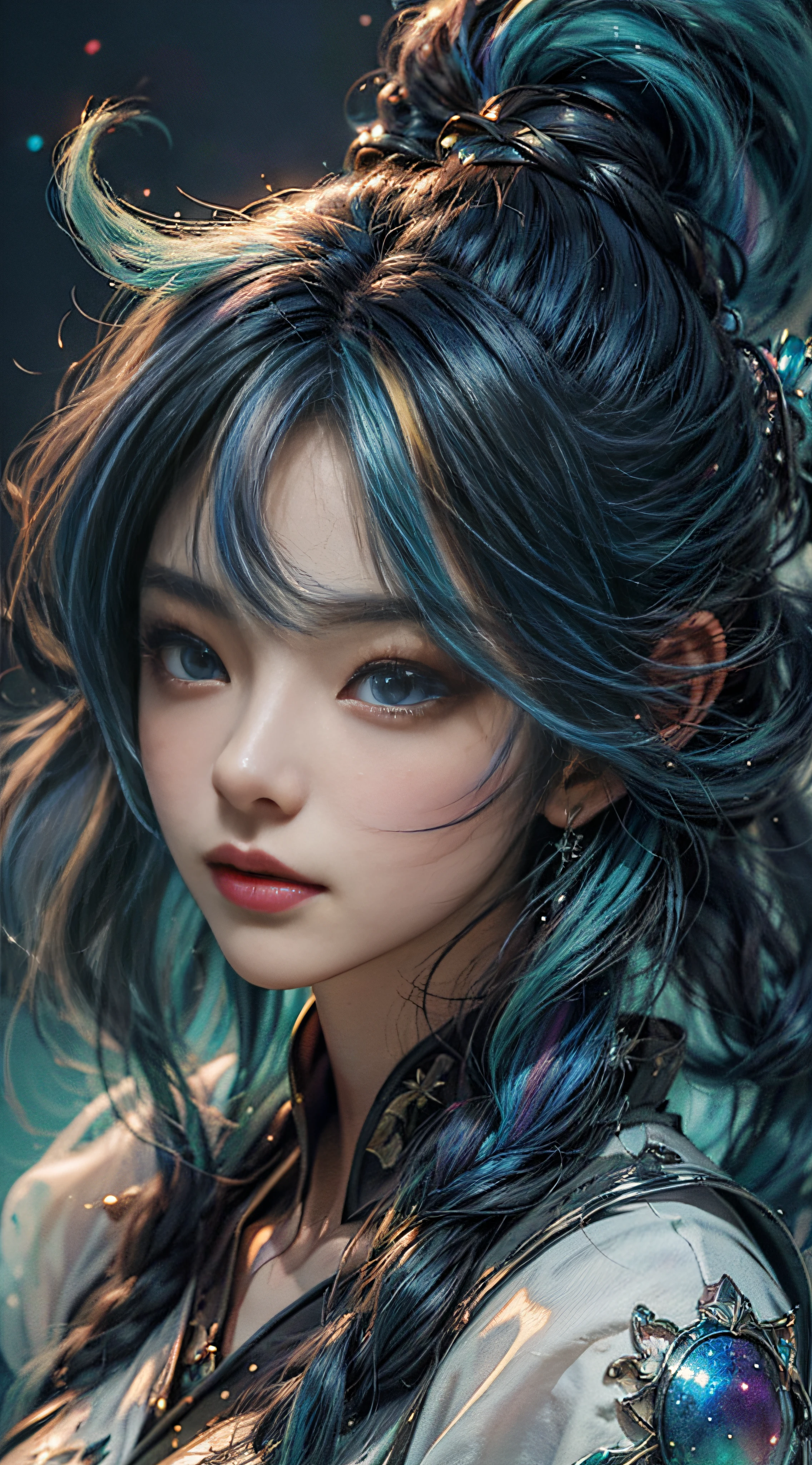 (Anime Girl + Long Hair + Portrait), (Color Hair + Rainbow: 1.5 + Cosmic Hair: 1.2), (Beauty + Fantasy + Anime Style), (8K Wallpaper: 1.2 + 4K Wallpaper: 1.1), (Anime Illustration + Art Style + Art Artwork)