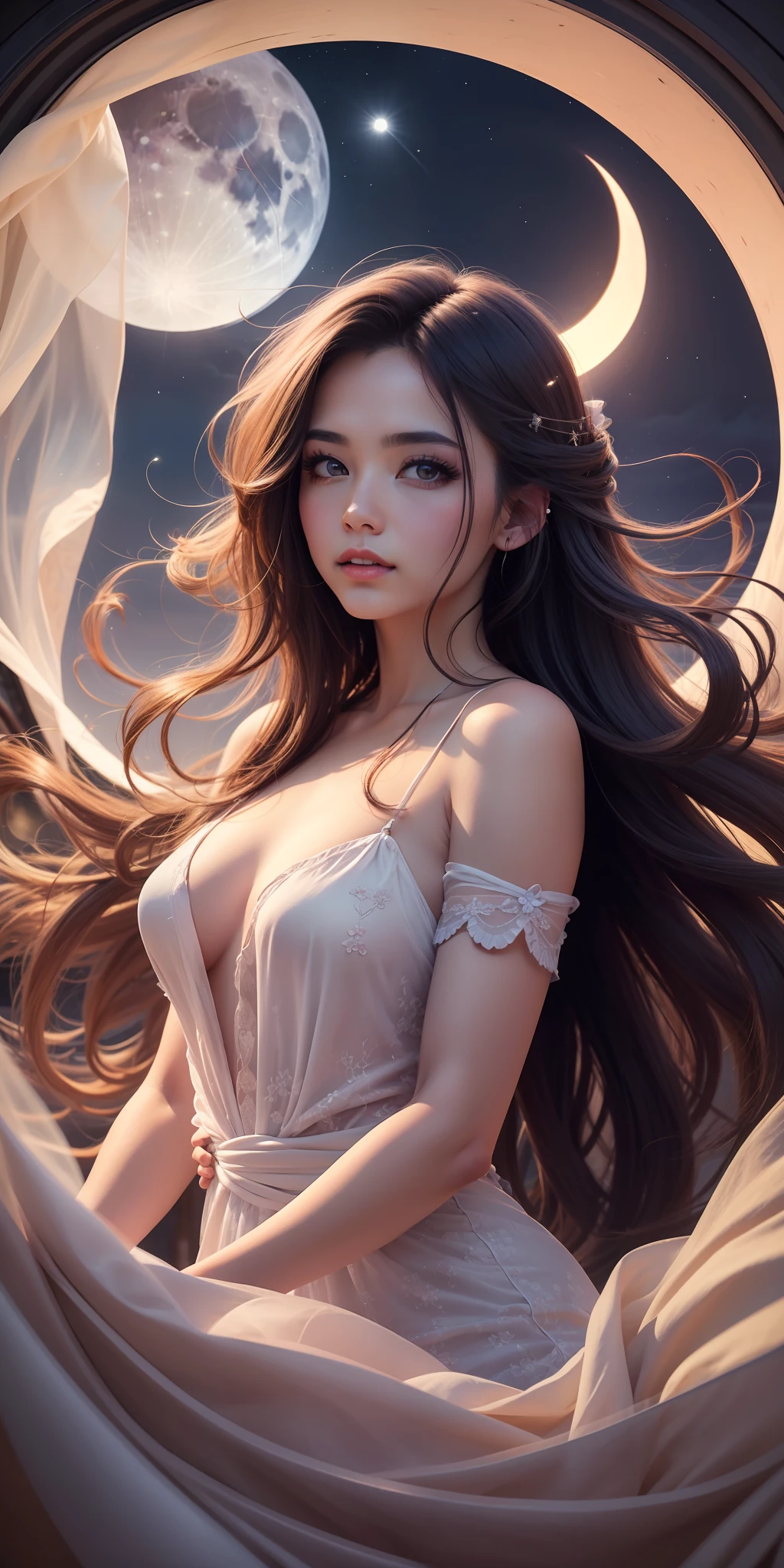 Best possible quality, (ultra resolution 8k),the most beautiful girl, the most beautiful, long hair moved by the wind, looking at the moon, serene look, looking through the window,full moon,firmament, silk dress in motion