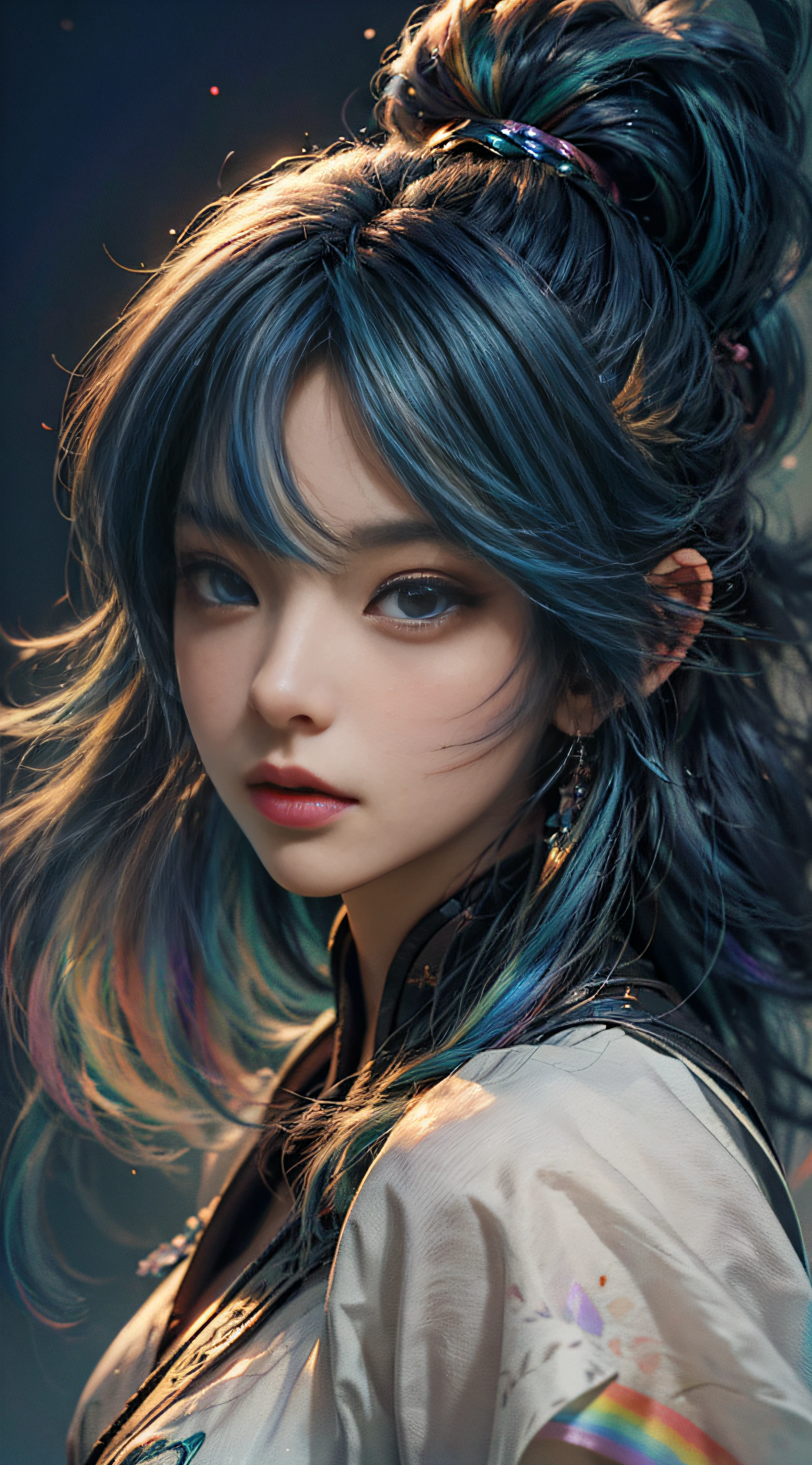 (Anime Girl + Long Hair + Portrait), (Color Hair + Rainbow: 1.5 + Cosmic Hair: 1.2), (Beauty + Fantasy + Anime Style), (8K Wallpaper: 1.2 + 4K Wallpaper: 1.1), (Anime Illustration + Art Style + Art Artwork)