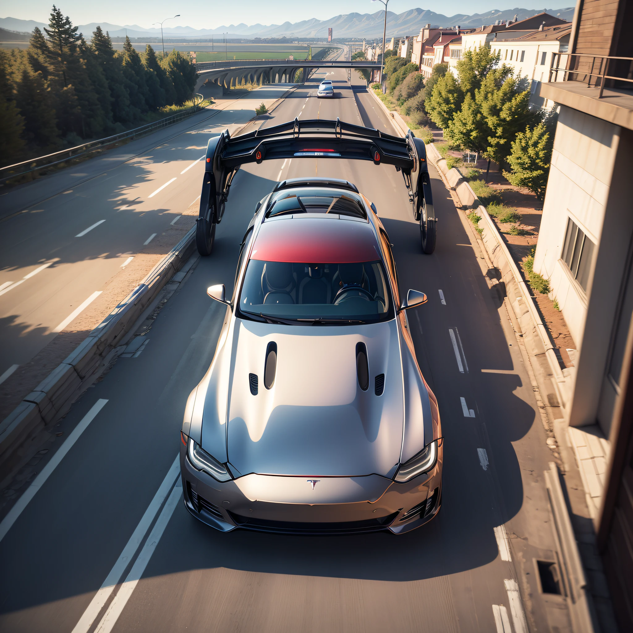 Tesla, the background is realistic architectural style, the vehicle is racing on the bridge, close-up, medium, far, big vista, super HD, ultra-real, 8k, super detail, precise, the best quality --auto