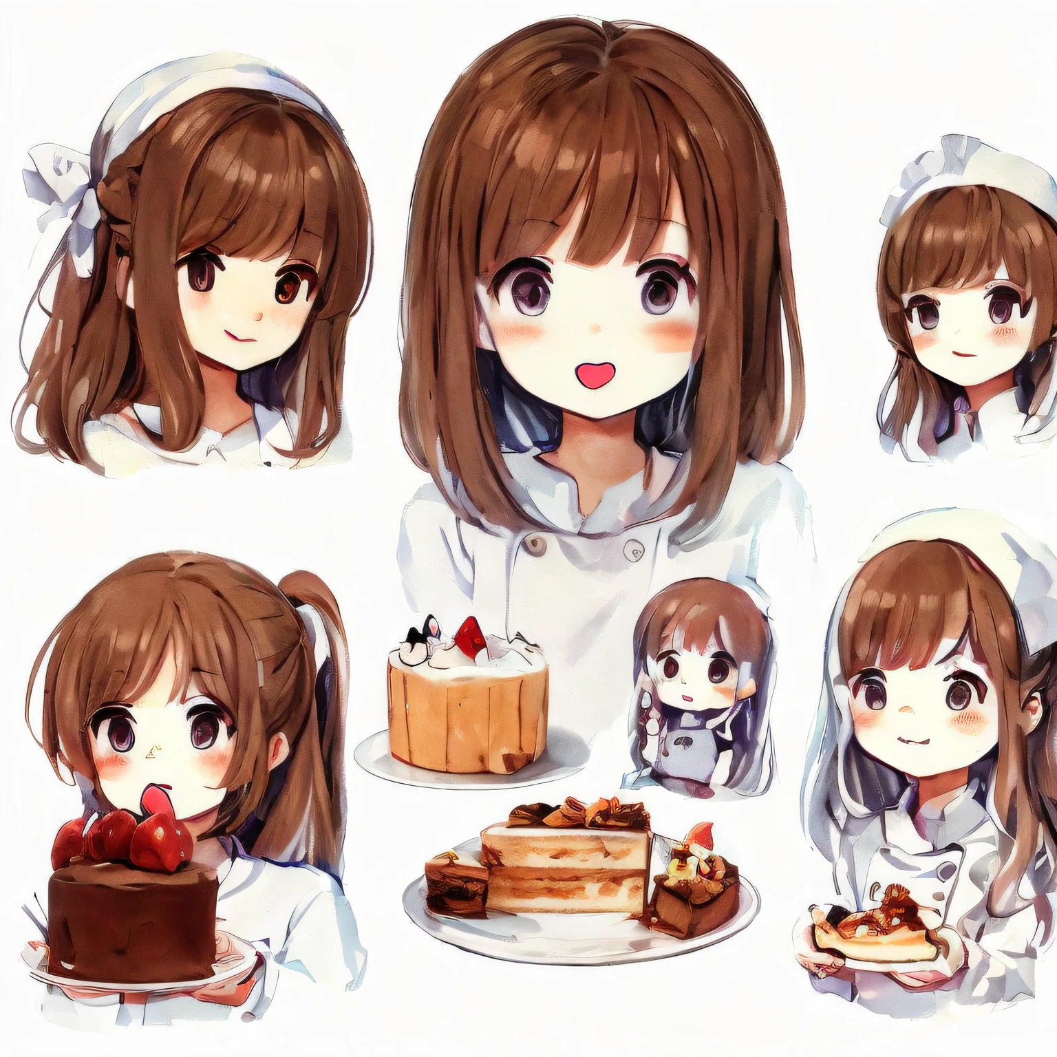 White background, character sheet, many angles, cute illustrations, logo design, brown hair, lots of pastry chef, white chef coat, white cook coat, have cake, eat, kitchen, masterpiece, high quality