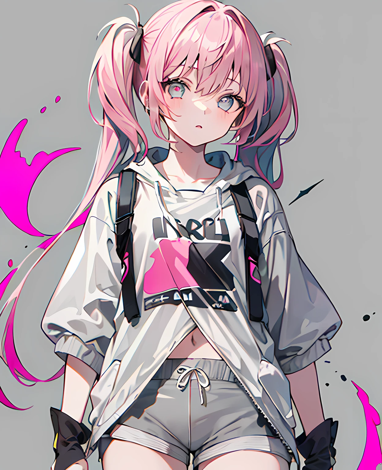 (Top Quality, Masterpiece), ((((1 girl))))), (Female-centered), ((Twin Tails)), (Pink hair)))(((Parker)), Standing, White Background, ((((Gray Shorts))))), (((Beautiful Eyes))