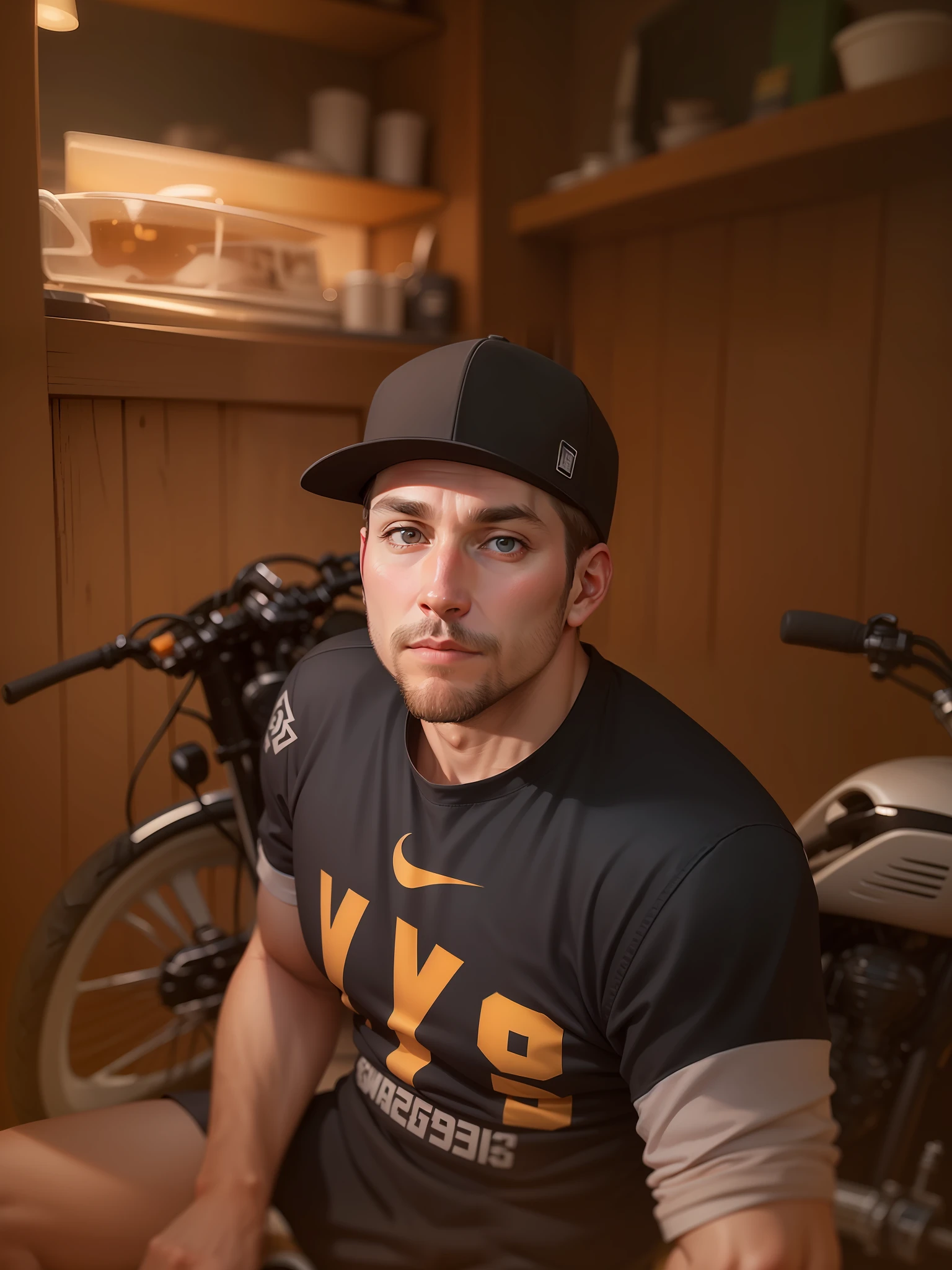 White 35-year-old man sitting on black motorcycle honey-colored eyes