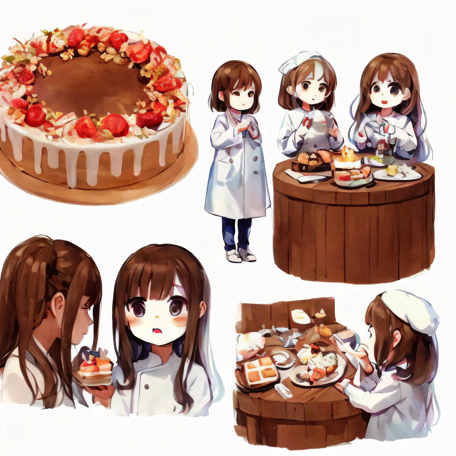 White background, character sheet, many angles, cute illustrations, logo design, brown hair, lots of pastry chef, white chef coat, white cook coat, have cake, eat, kitchen, masterpiece, high quality