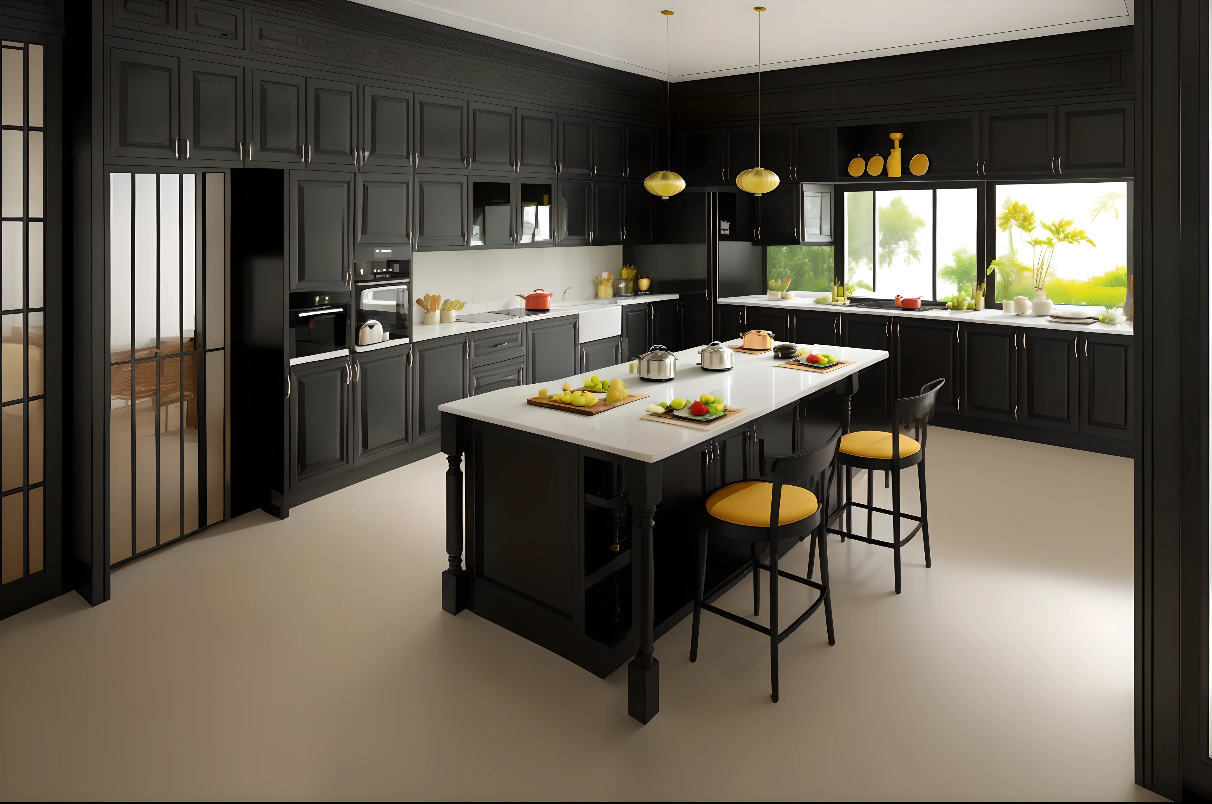 (indochina design kitchen and eating space:1.3), (full black funiture :1.3) (photo realisstic:1.2), (supper detail:1.2) indochine style , full frame