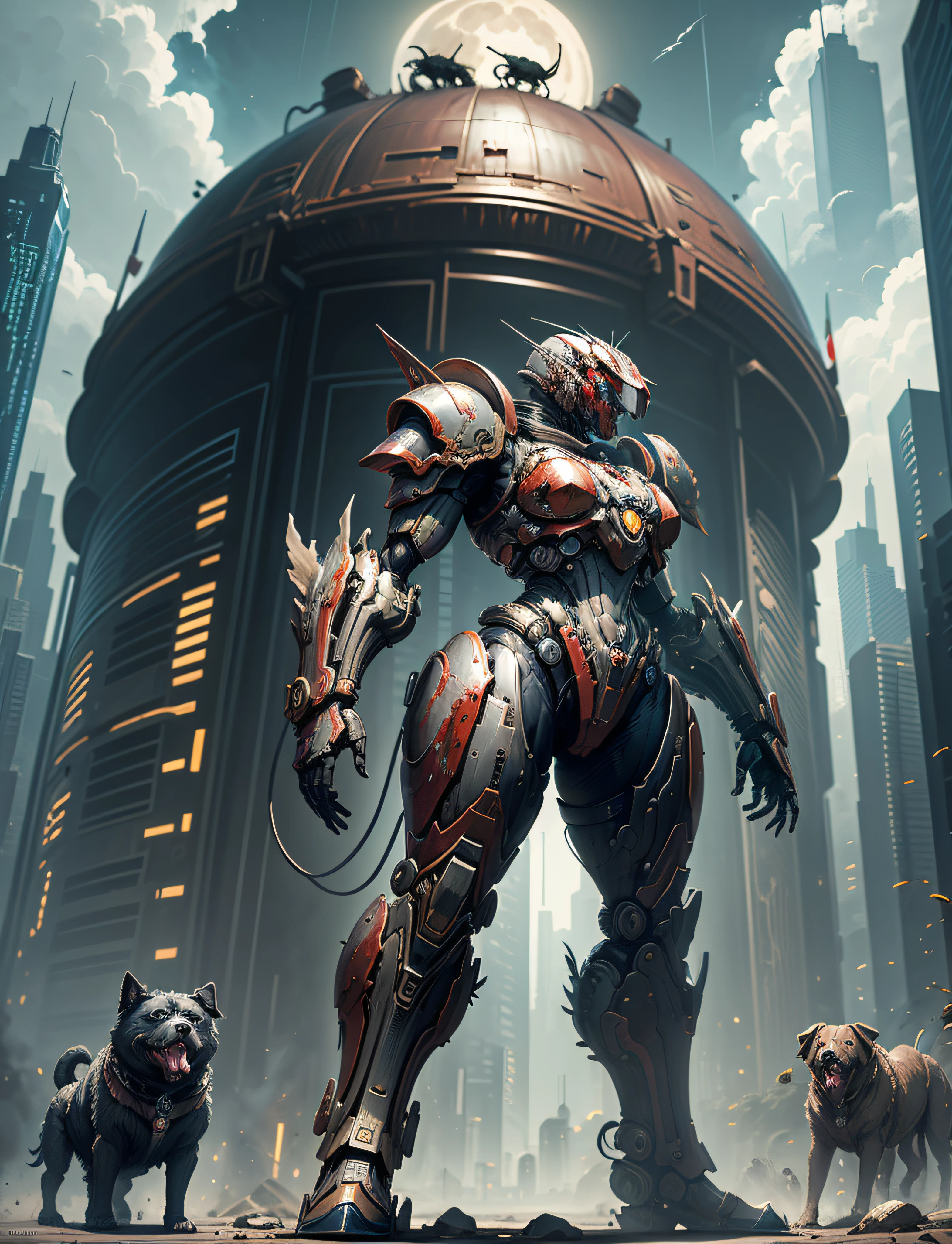 space marine, harhammer 40,000, world at war, beautiful cyberpunk woman with very detailed mecha treatment, vibrant colors, metallic red, bloodthirsty, with sky with clouds and full moon, full body with detailed armor, with a large pitbul dog with combat armor,