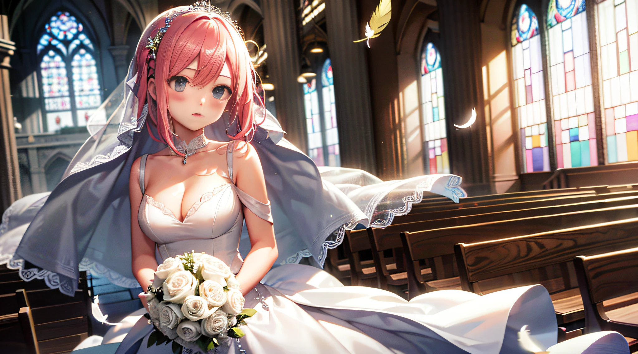 Wedding dress, medium chest, cleavage, in church, bouquet in both hands, with falling feathers, (upper body), blue eyes, pink hair, ((beautiful detailed face)), masterpiece, best quality, ultra hd, high resolution, detail,