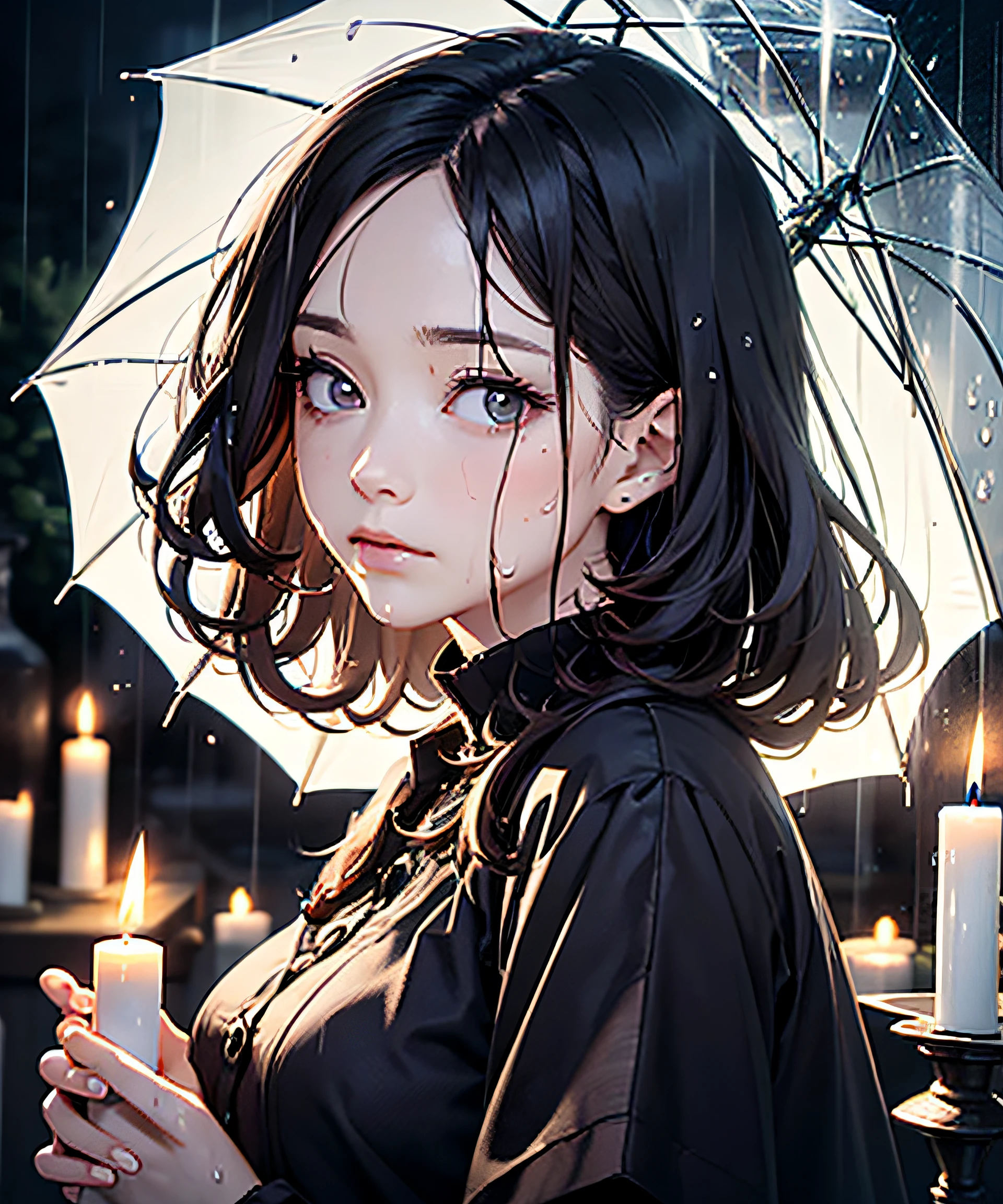 masterpiece, real, night, jet black night, thunder, lightning, rainy day, heavy rainy day, no umbrella, one candle, mourning beauty woman holding candle, soaked, illuminating face by candlelight, sad, you can't see anything around in the dark, up, whole body