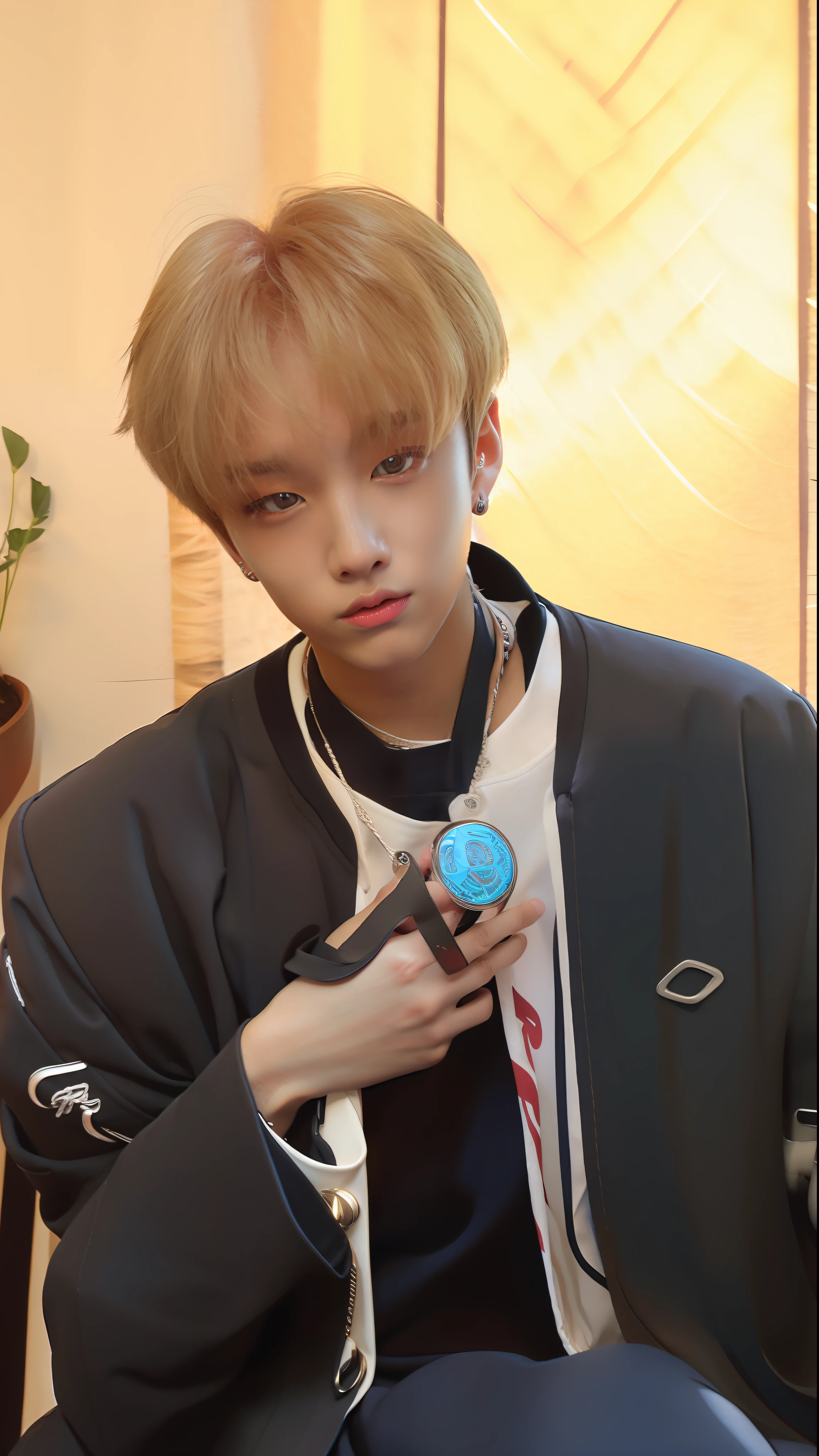 1handsome boy, blonde hair, playing cellphone, graphic realistic, ultra realistic wearing school clothes