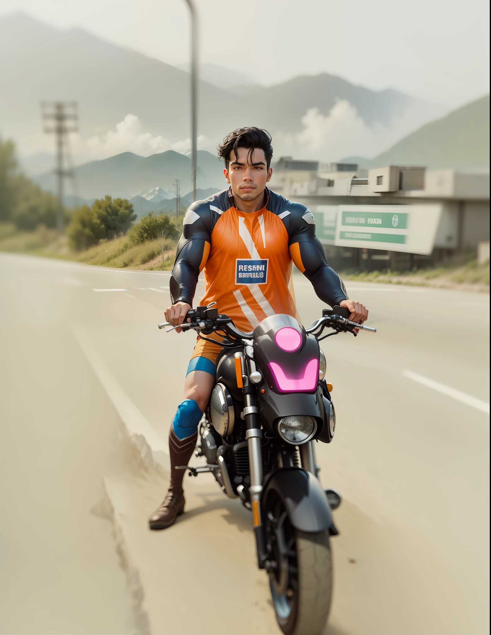 He is wearing a super man suit,he riding through BMW motorcycle, on the road, backing location mountains and hills, summit,real photo resloution high