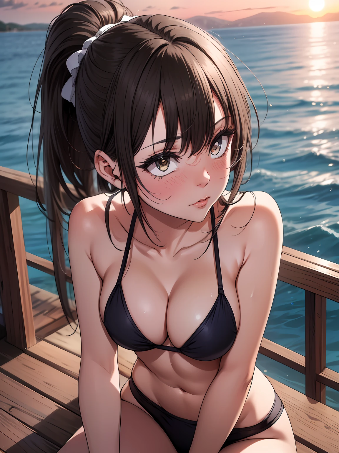 Absurdity, super detail, top quality, official art, break, solo, alone, purple hair, yellow eyes, break, summer, sunset, break, white ??????, break, brown skin, black skin, break, lonely, sitting on the pier looking at the sea, break, 16 years old, break, not looking at the camera, take off the line of sight, break, short stature, slender, high school student, break, ponytail, break, dynamic angle, break,