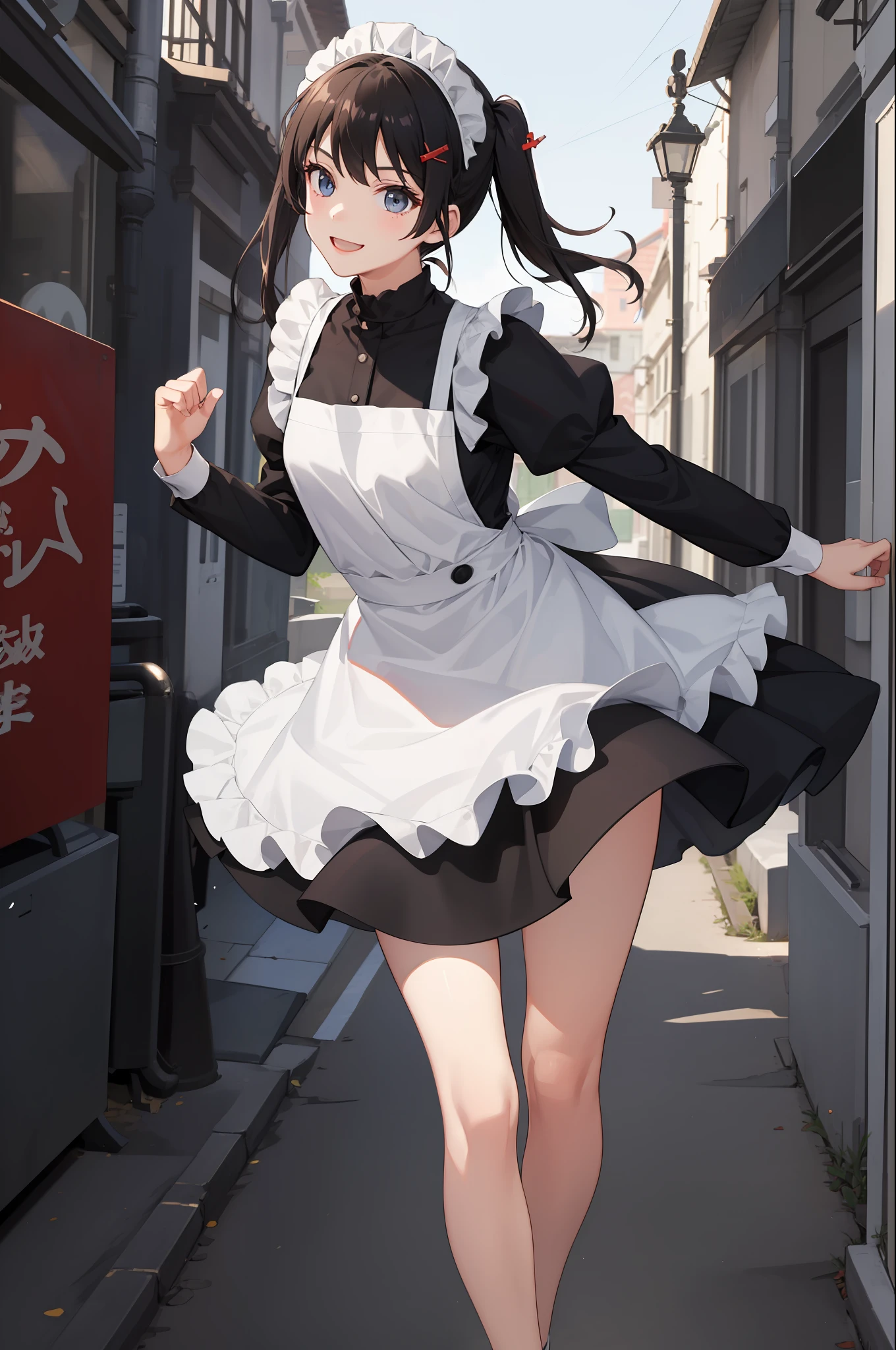 1 girl, smiling, skirt, (small) chillerism, dress, apron,,,,,,、 maid,,,,,,,,、 hair ornament, running briskly,
