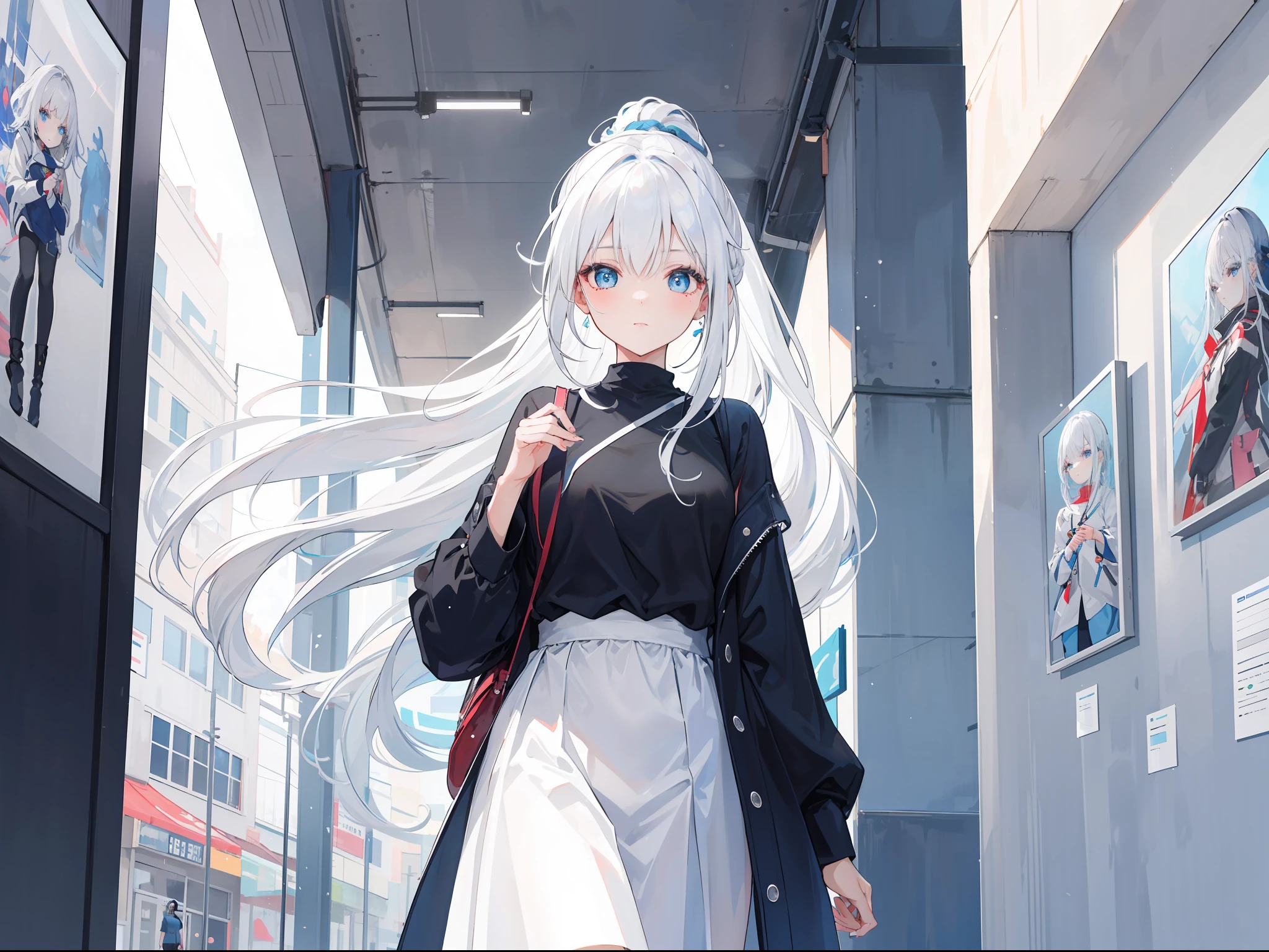 Create a girl with flowing vibrant white hair and striking sharp blue eyes, her hair tied up beautifully, she was dressed for a walk in a stylish modern white, she waiting in front of museum art