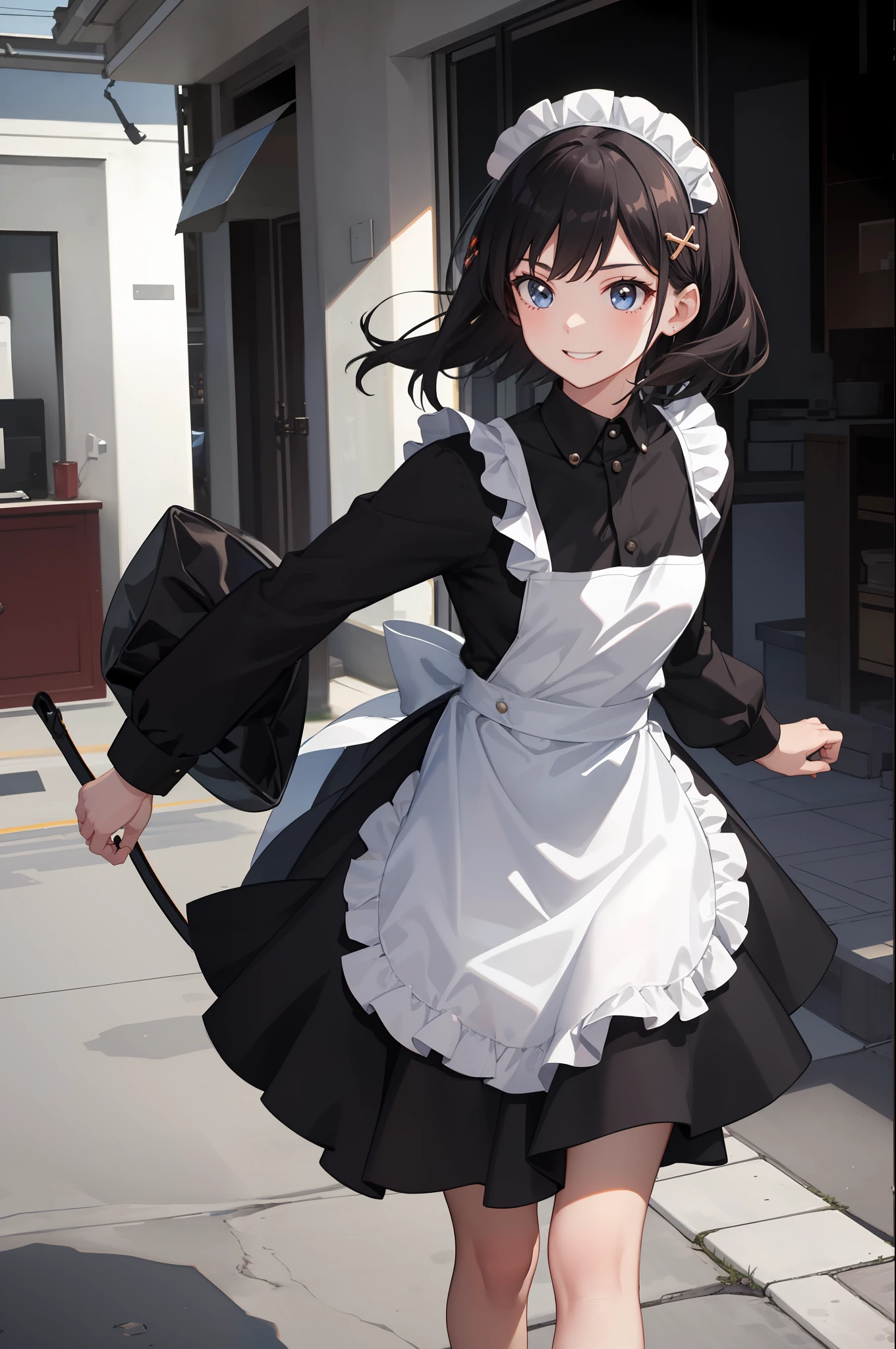 1 girl, smiling, skirt, (small) chillerism, dress, apron,,,,,,、 maid,,,,,,,,、 hair ornament, running briskly,