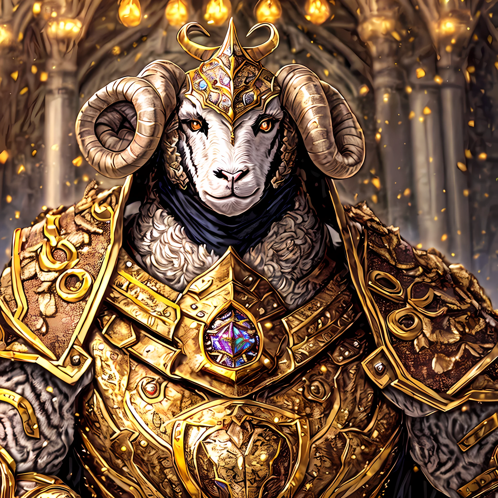 Masterpiece, best quality, epic sheep knight, senior sheep elder, exquisite gold armor, intricate design, magical world, cinematic lighting, 4k, best picture proportions