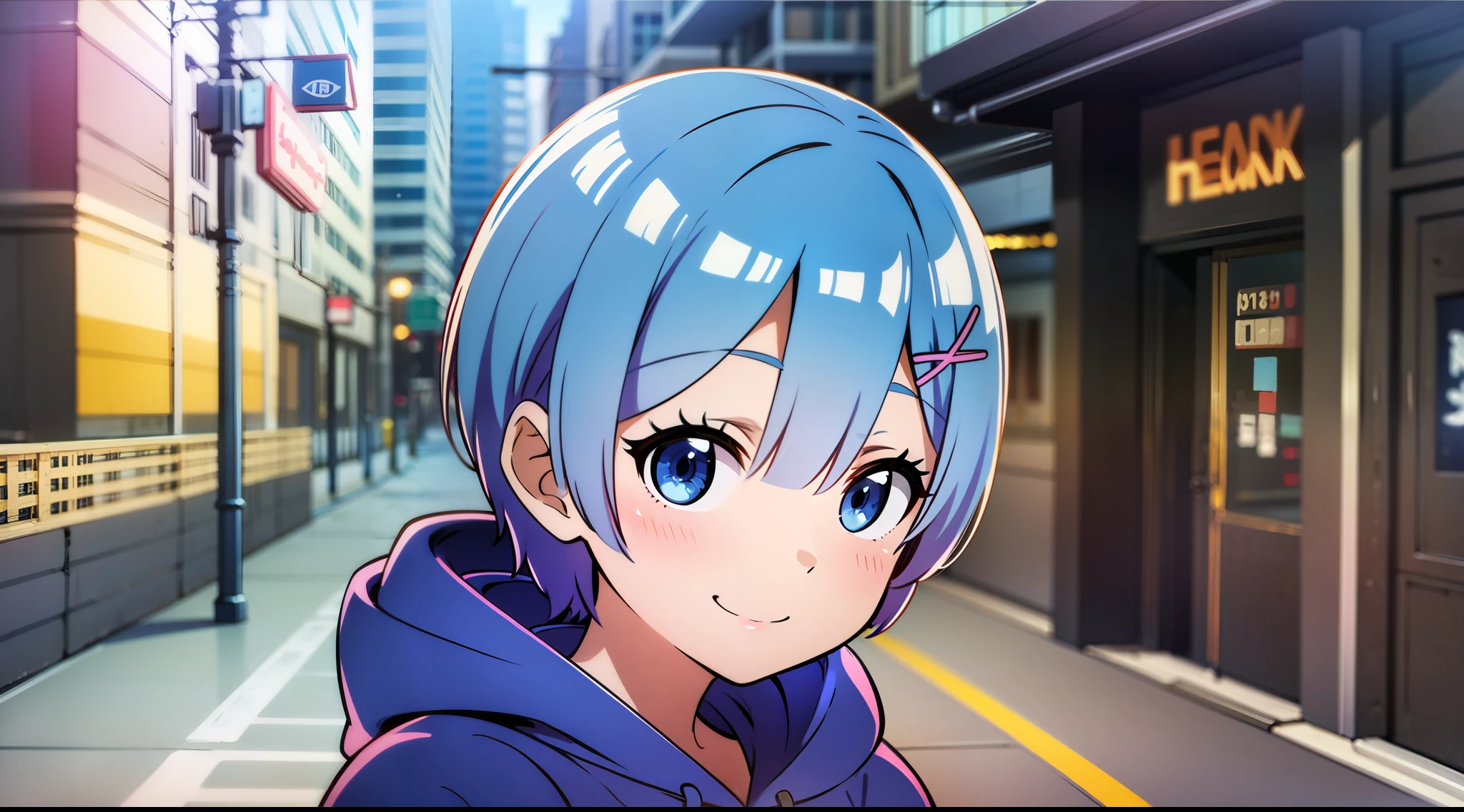 Masterpiece, rem rezero, blue eyes, happy face, blue hoodie, middle of the street, close up, portrait,