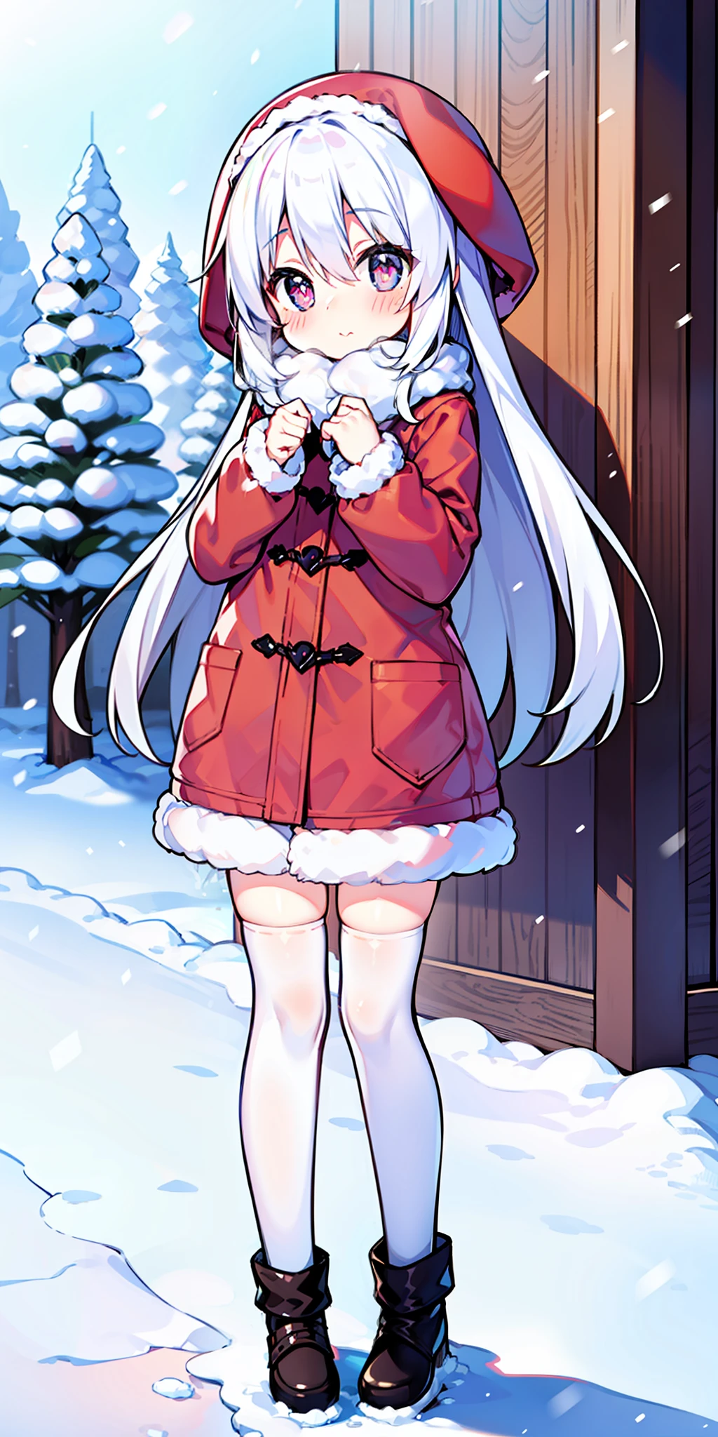 Lori, long hair, cute, heart-shaped pupils, solo, white hair, blush, winter, snow, outdoors, white stockings, standing, half