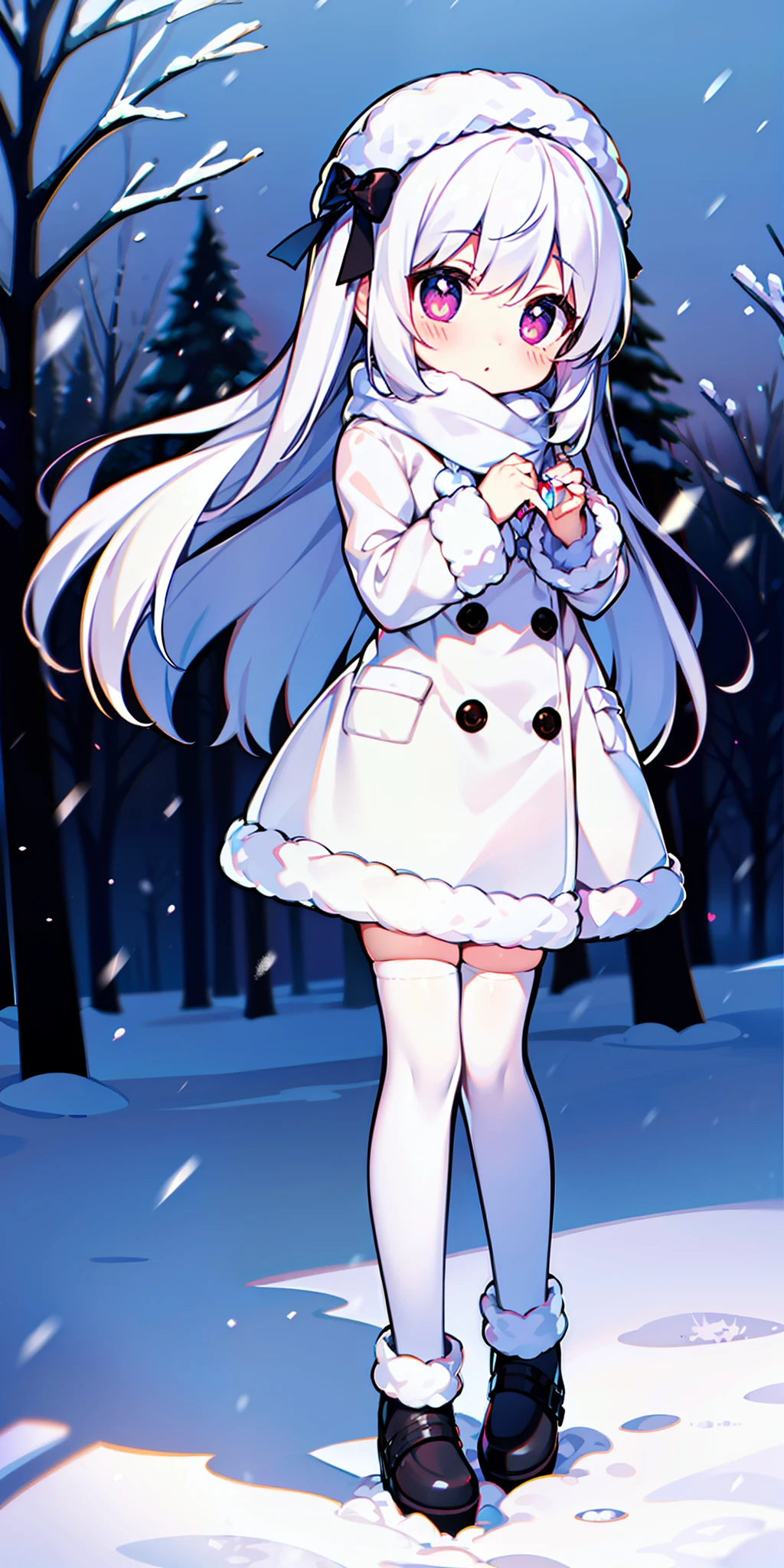 , long hair, cute, heart-shaped pupils, solo, white hair, blush, winter, snow, outdoors, white stockings, standing