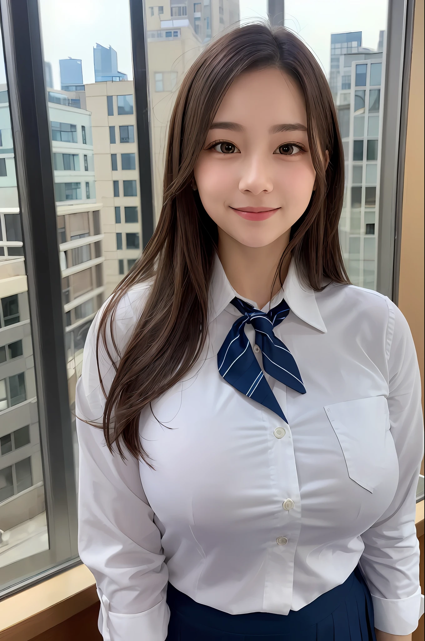 1 girl, mature woman, school uniform, photo, realistic, top quality, adoption, detailed face, smile: 1.5, brown hair, office, building from window, detailed background, diffused sunlight, depth of field, bokeh, face when with someone you like, large and disturbing breasts: 1.5, perfect body