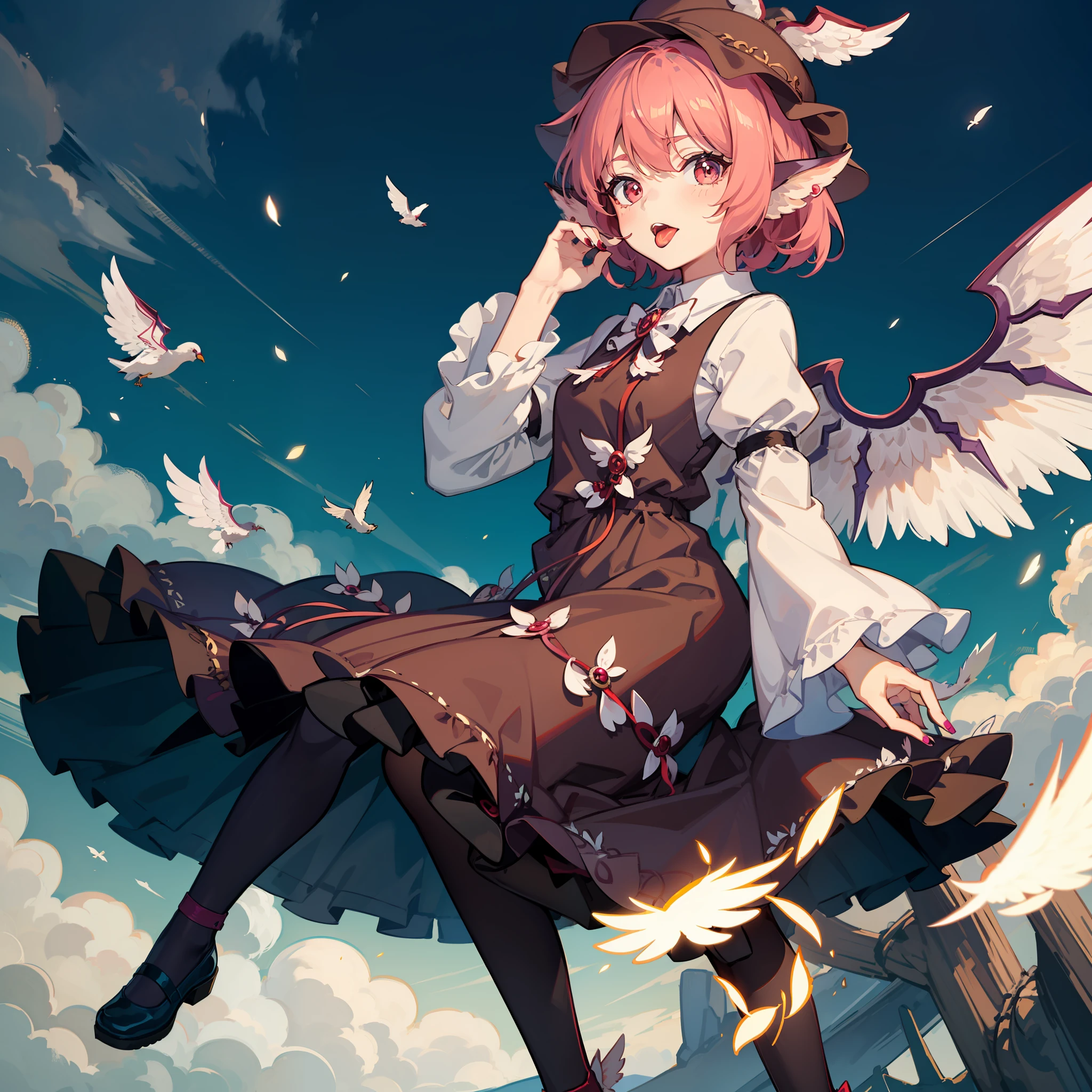 an anime fantasy of a female elf with angel wings on her back, 1girl, solo, mystia lorelei, wings, pink hair, dress, tongue out, tongue, hat, long sleeves, animal ears, nail polish, short hair, brown dress, kneehighs, socks, bird wings, puffy sleeves, fingernails, looking at viewer, red eyes, shoes