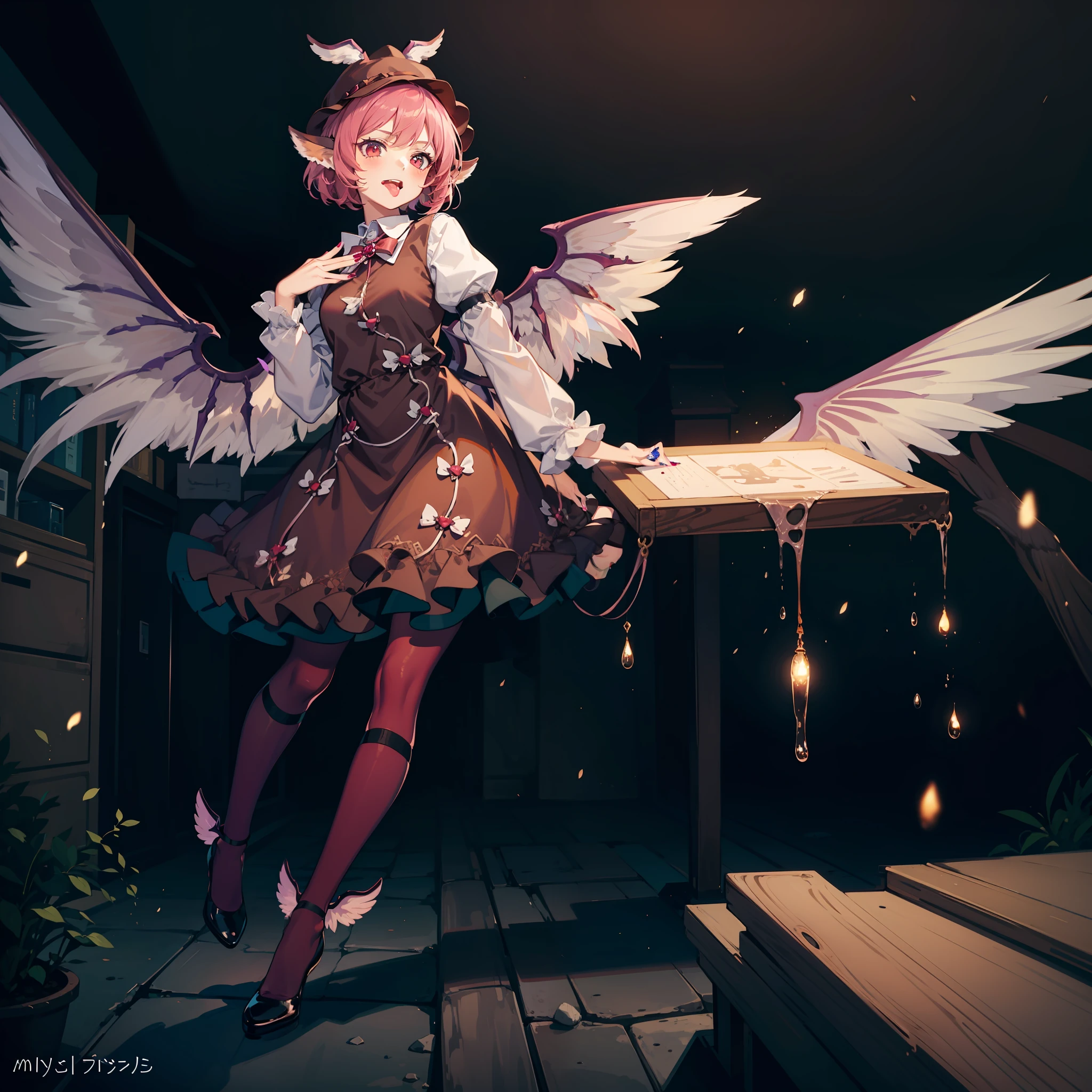 an anime fantasy of a female elf with angel wings on her back, 1girl, solo, mystia lorelei, wings, pink hair, dress, tongue out, tongue, hat, long sleeves, animal ears, nail polish, short hair, brown dress, kneehighs, socks, bird wings, puffy sleeves, fingernails, looking at viewer, red eyes, shoes