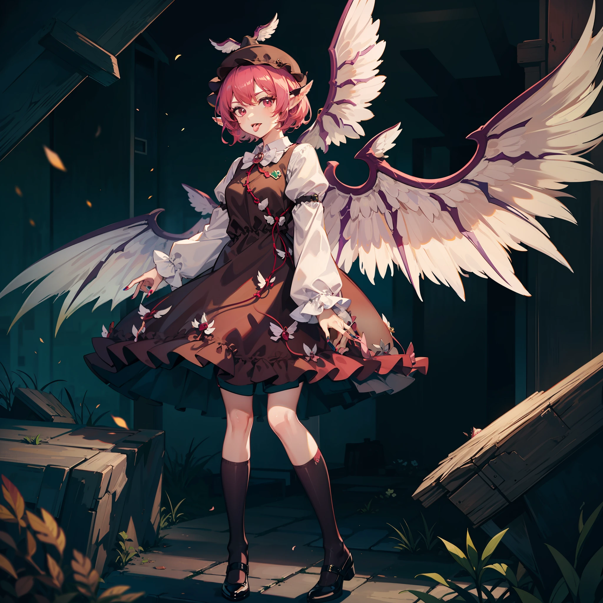 an anime fantasy of a female elf with angel wings on her back, 1girl, solo, mystia lorelei, wings, pink hair, dress, tongue out, tongue, hat, long sleeves, animal ears, nail polish, short hair, brown dress, kneehighs, socks, bird wings, puffy sleeves, fingernails, looking at viewer, red eyes, shoes