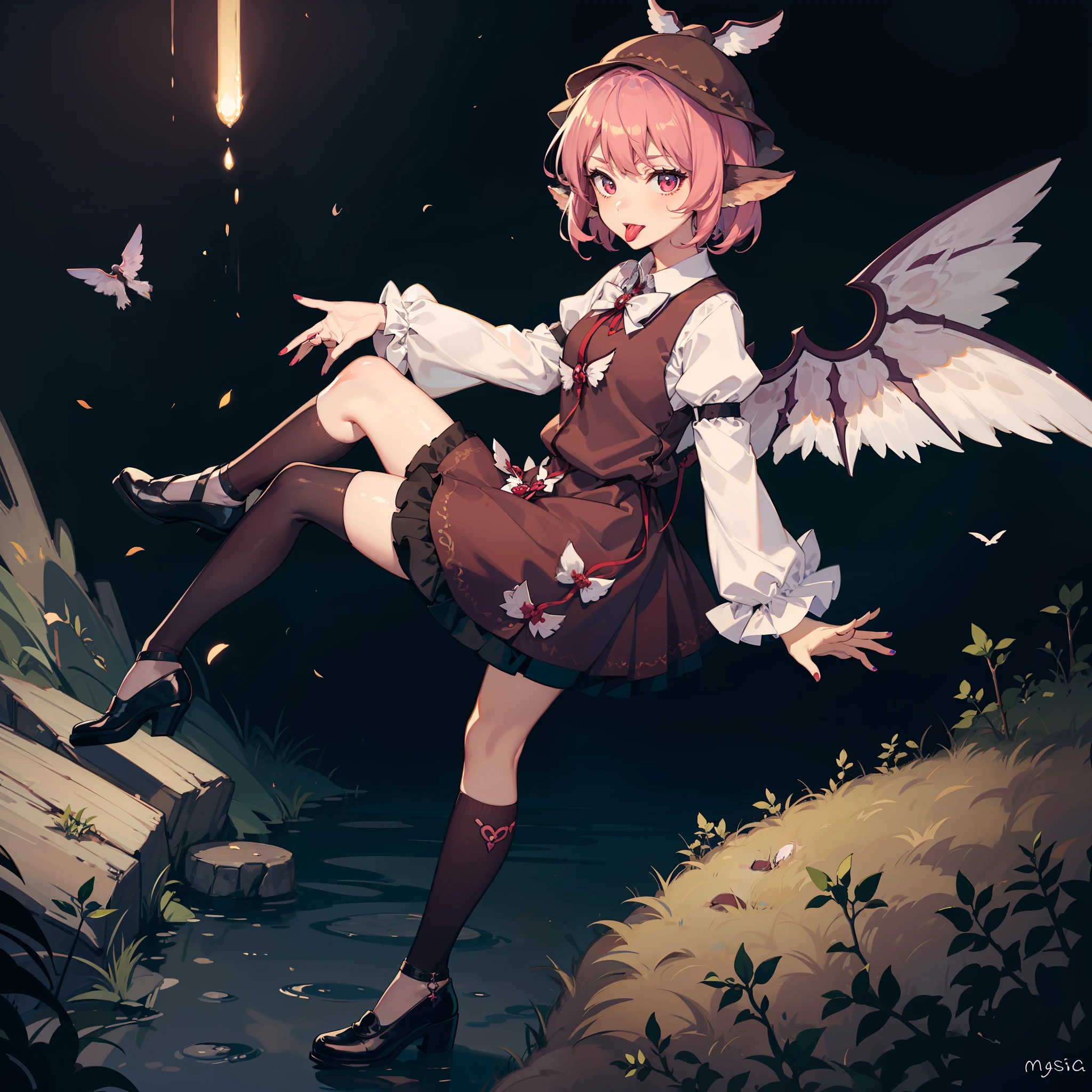 an anime fantasy of a female elf with angel wings on her back, 1girl, solo, mystia lorelei, wings, pink hair, dress, tongue out, tongue, hat, long sleeves, animal ears, nail polish, short hair, brown dress, kneehighs, socks, bird wings, puffy sleeves, fingernails, looking at viewer, red eyes, shoes