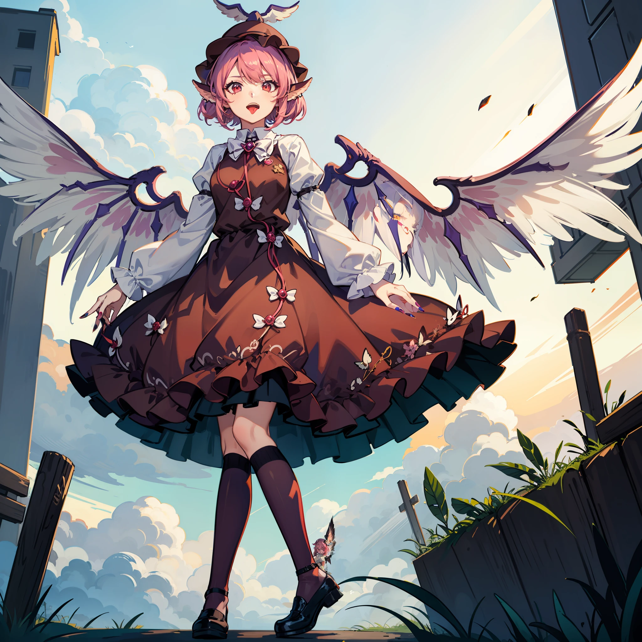 an anime fantasy of a female elf with angel wings on her back, 1girl, solo, mystia lorelei, wings, pink hair, dress, tongue out, tongue, hat, long sleeves, animal ears, nail polish, short hair, brown dress, kneehighs, socks, bird wings, puffy sleeves, fingernails, looking at viewer, red eyes, shoes