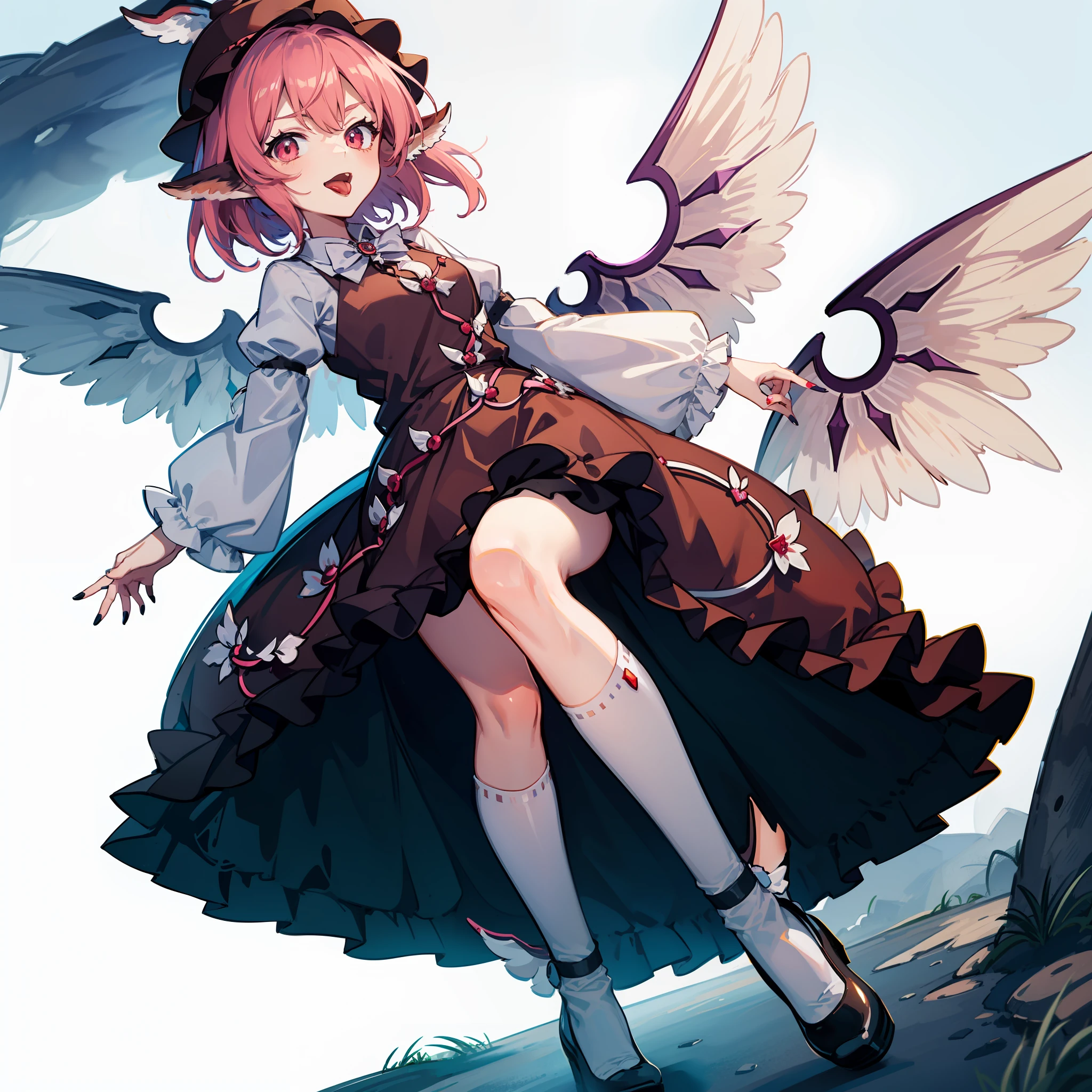 an anime fantasy of a female elf with angel wings on her back, 1girl, solo, mystia lorelei, wings, pink hair, dress, tongue out, tongue, hat, long sleeves, animal ears, nail polish, short hair, brown dress, kneehighs, socks, bird wings, puffy sleeves, fingernails, looking at viewer, red eyes, shoes