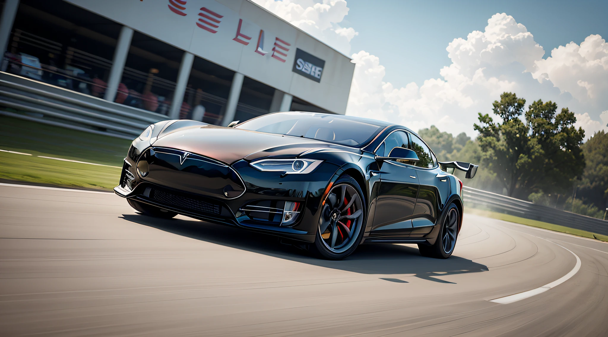 Tesla, background is realistic architectural style, vehicle racing on the track, close-up, medium, far, big vista, super hd, ultra-real, 8k, super detail, precise, the best quality --auto