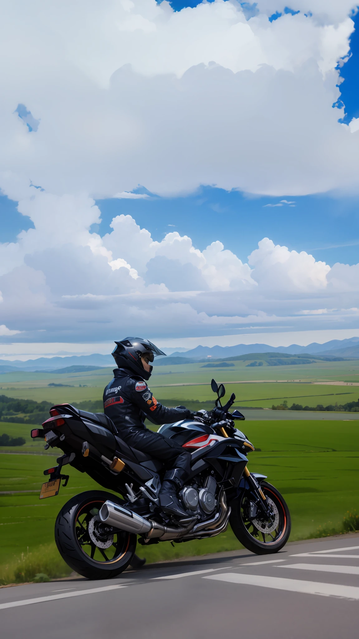 motorcycle rider on a motorcycle on a country road with a green field in the background, green pastures stretch for miles, riding on the road, epic scenic shot, motorbiker, riding a motorcycle, with mountains in the distance, lonely rider, touring, hills in the background, epic mountains in the background, big sky, riding a motorbike, with mountains in the background