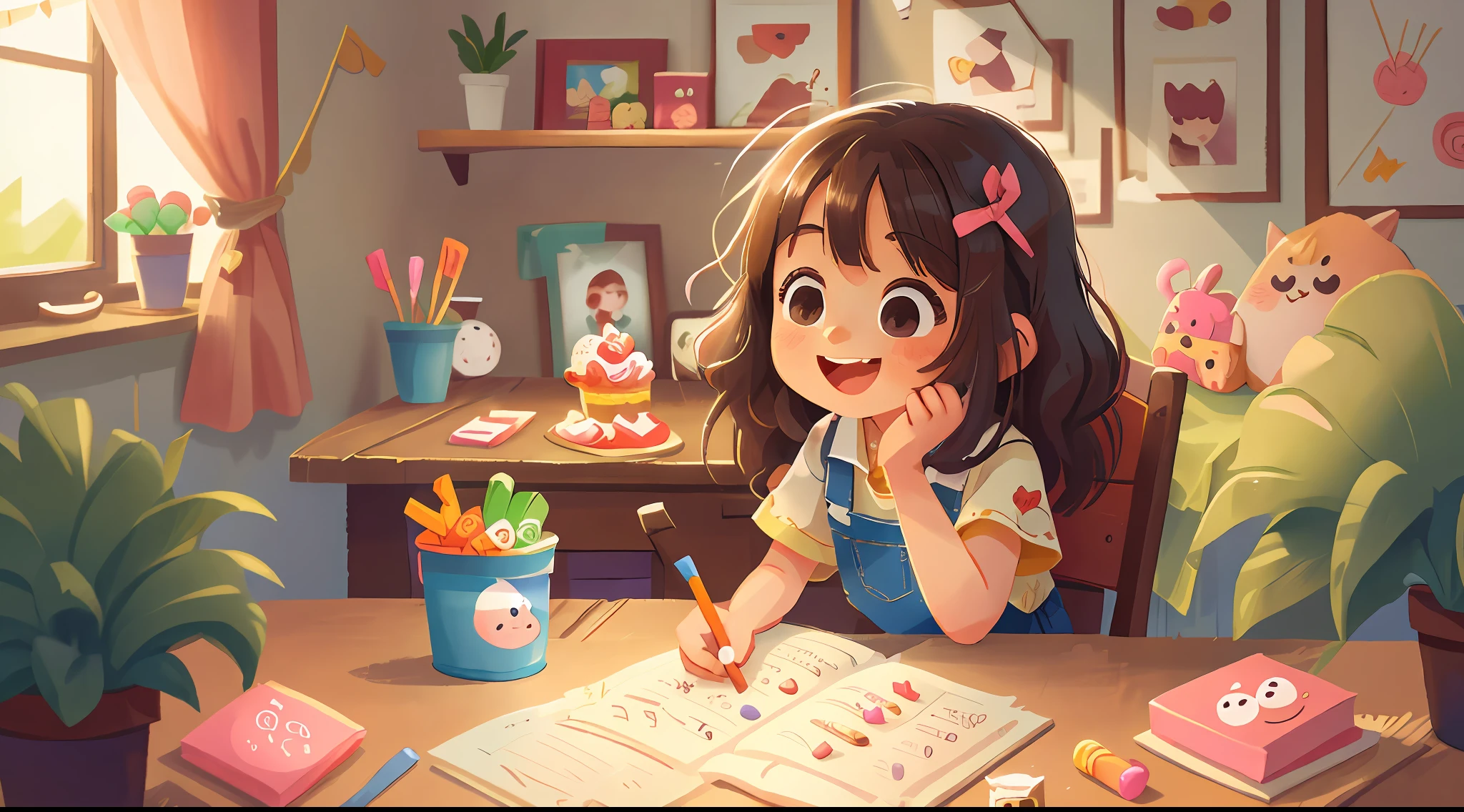 (Masterpiece, best quality, super detailed), (high detail, super detail) A cute 8 year old girl eating candy, happy and contented smile, background for interior, table with lots of candy