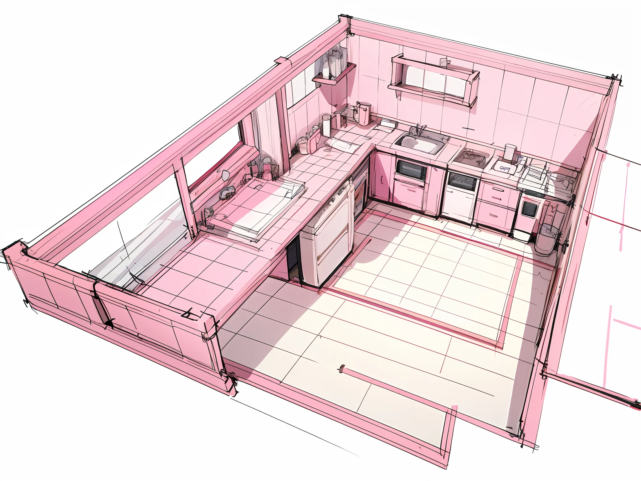 make an roleplay dungeon top view of an house plan, it has cute pink decorations, paper, rough pen details on sketch