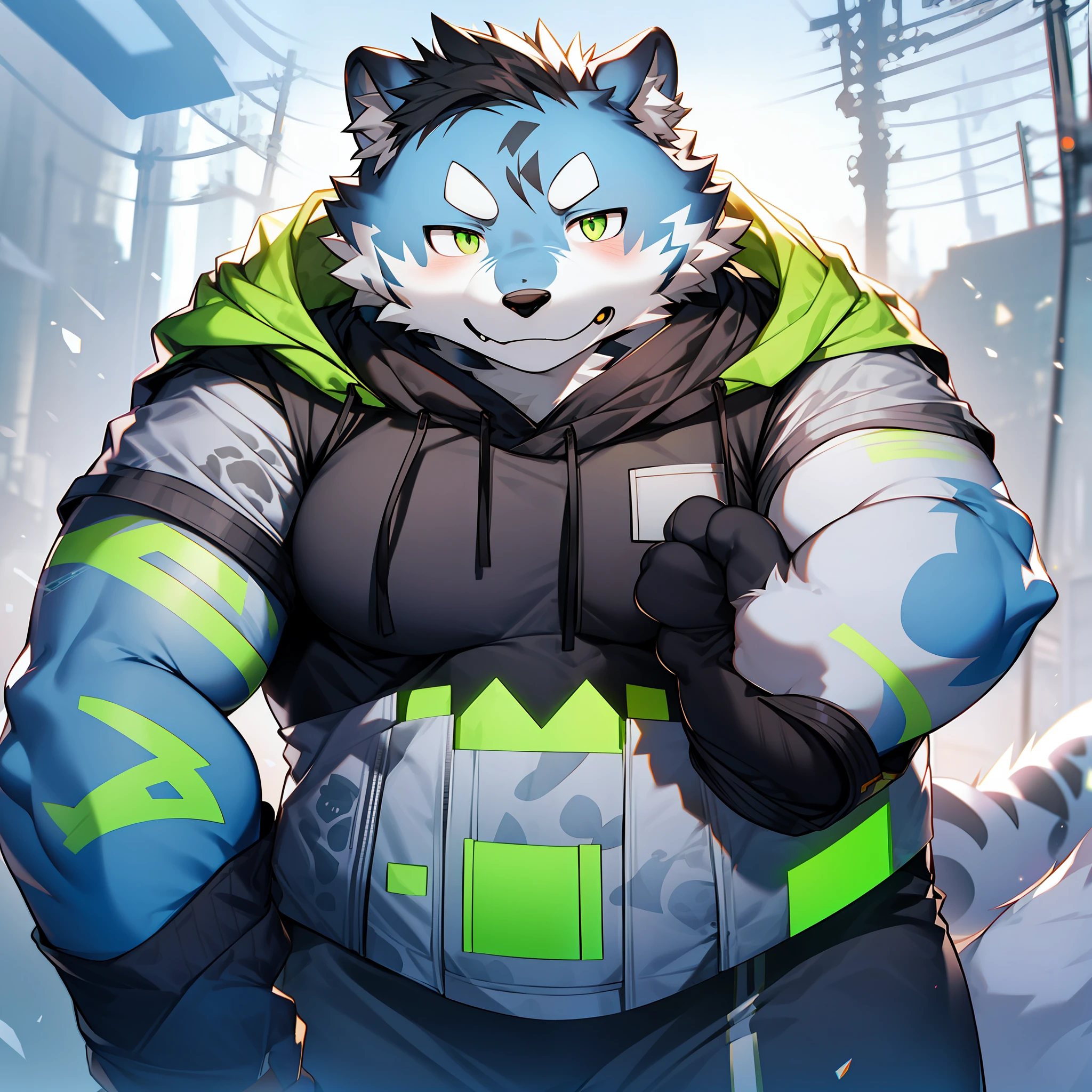 Snow leopard, furry, fluorescent green pattern, black hair, muscles