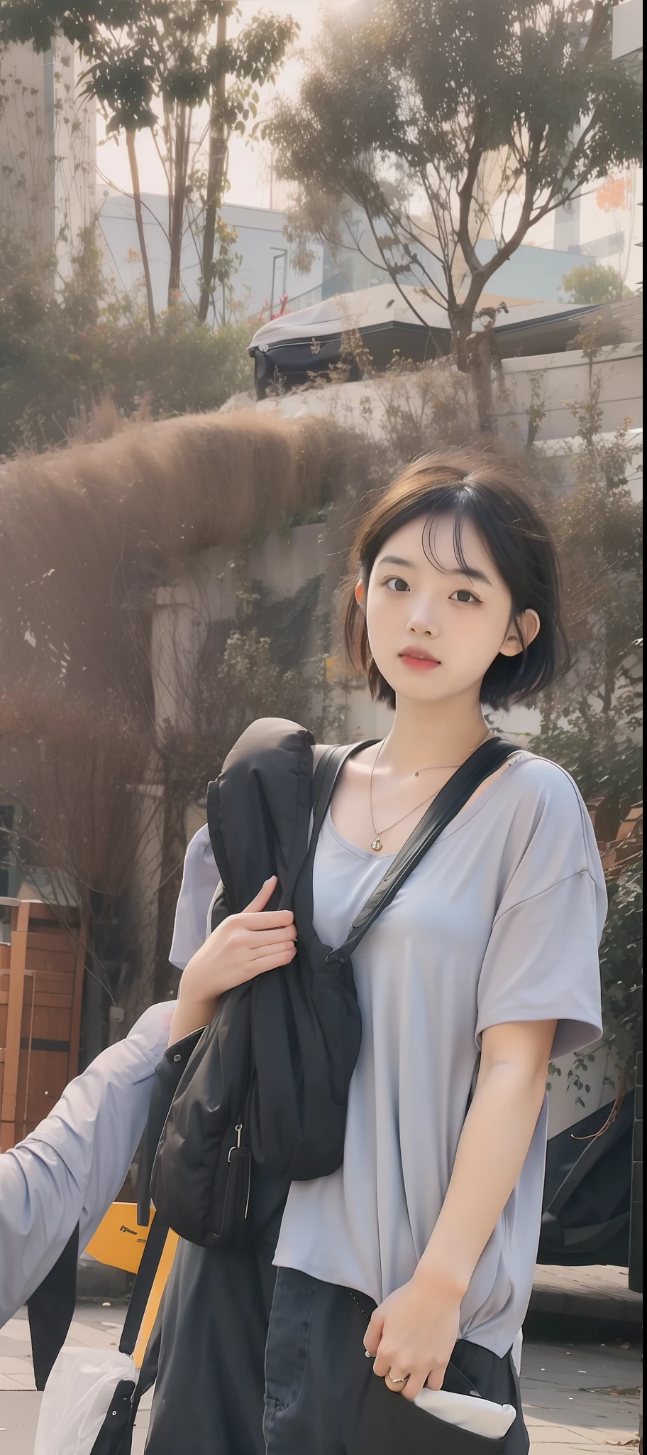 1girl,Blue shirt,Bring a waist bag,short hair,black hair,realistic,Very Detail,70mm lens