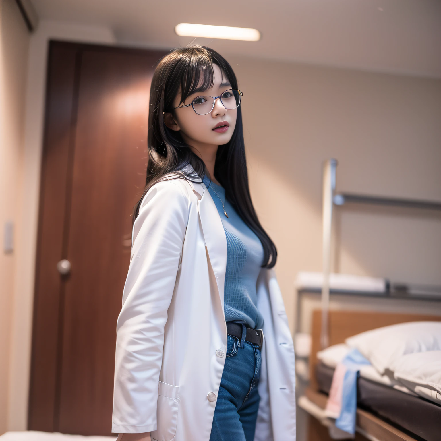 best qualitc，Masterpiece、，resoulution ultra-Highresolution，RAW photos，（lifelike：1.4），A woman with rimless glasses，Doctor white coat，（narrow waists：1.2），long long hair，in hospital，bokeh，beautiful lights