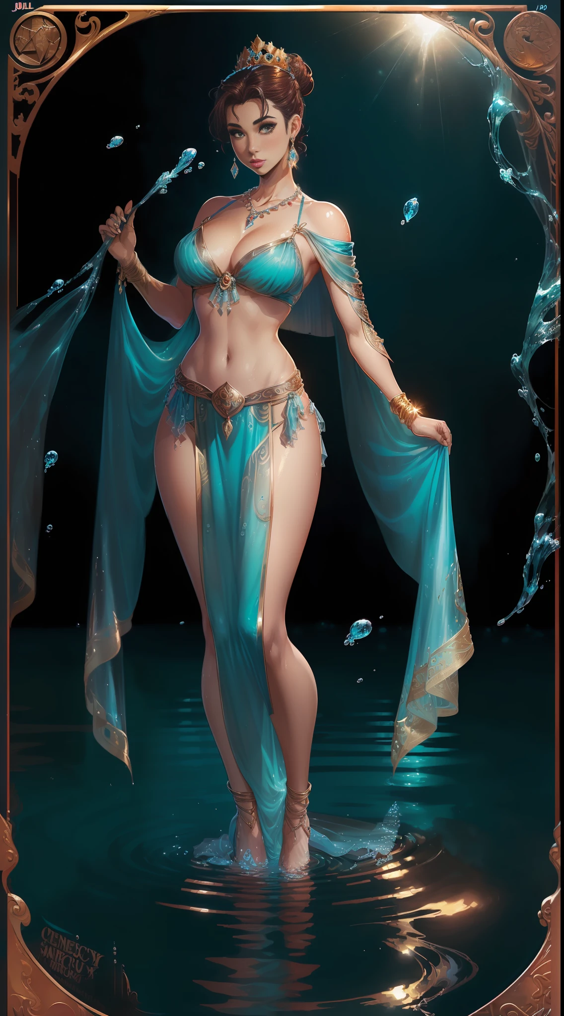 ((full body)), (((head to toe))), 1 female, solo, beautiful blushing slender Queen of Mercury (((with chignon hair))), small bust, narrow waist, thin legs, (((against Mercury background))), (((gorgeous water brassiere, loincloth))), aquamarine necklace, aquamarine tiara, veil, (((American comic style with dark contours))), (((art by J. Scott Campbell)))