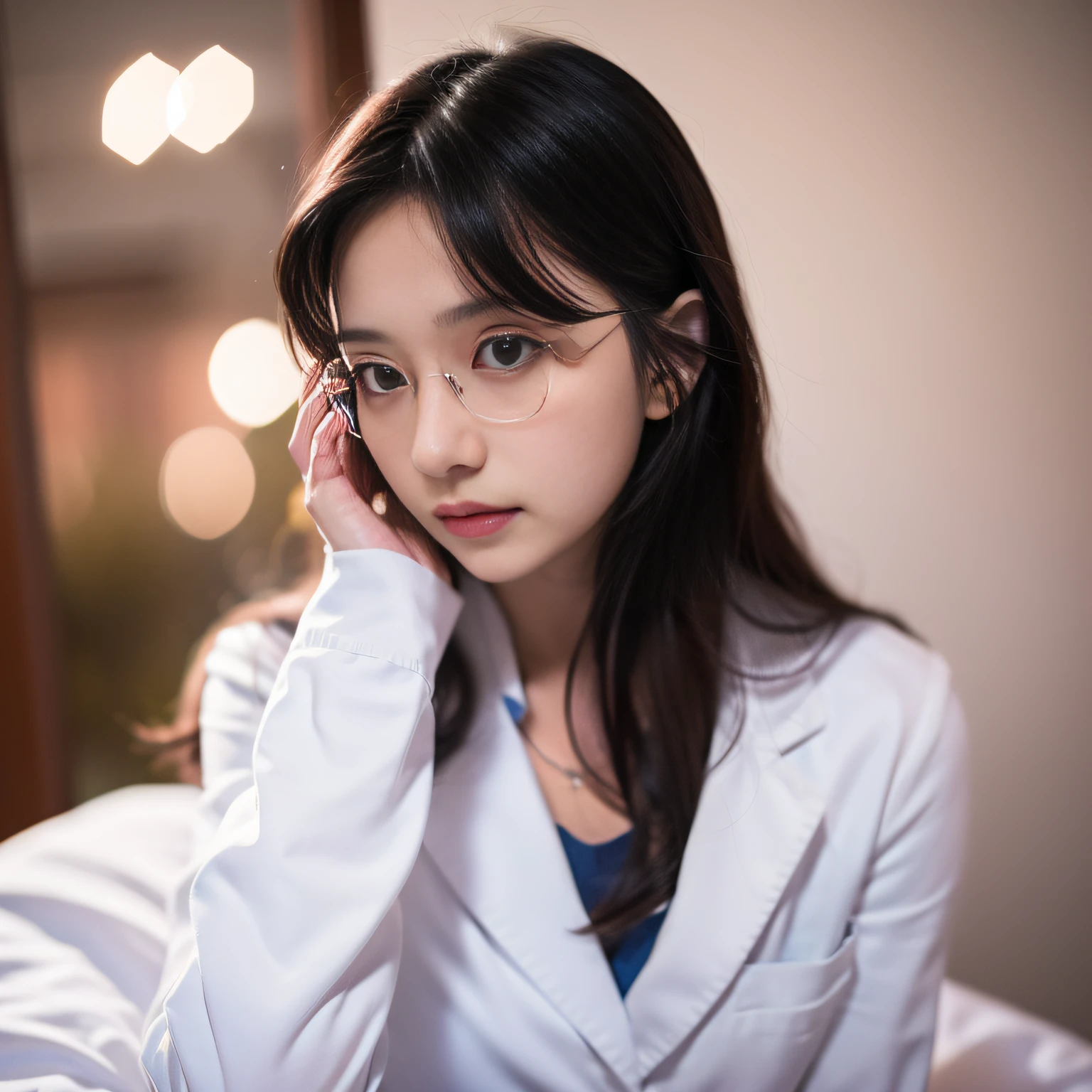 best qualitc，Masterpiece、，resoulution ultra-Highresolution，RAW photos，（lifelike：1.4），A woman with rimless glasses，Doctor white coat，（narrow waists：1.2），long long hair，in hospital，bokeh，beautiful lights