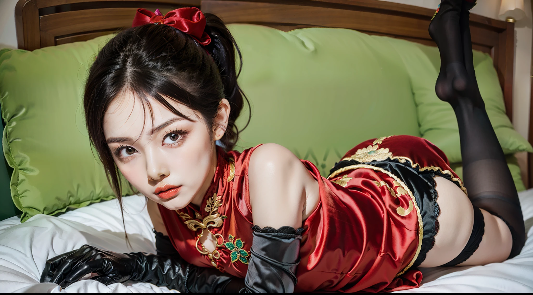 A young girl wearing a black and red silk cheongsam, a double ponytail hairstyle, black knee-length velvet stockings, velvet long gloves, gloves completely wrapped around her fingers, embroidered shoes, the whole person was half lying on the bed