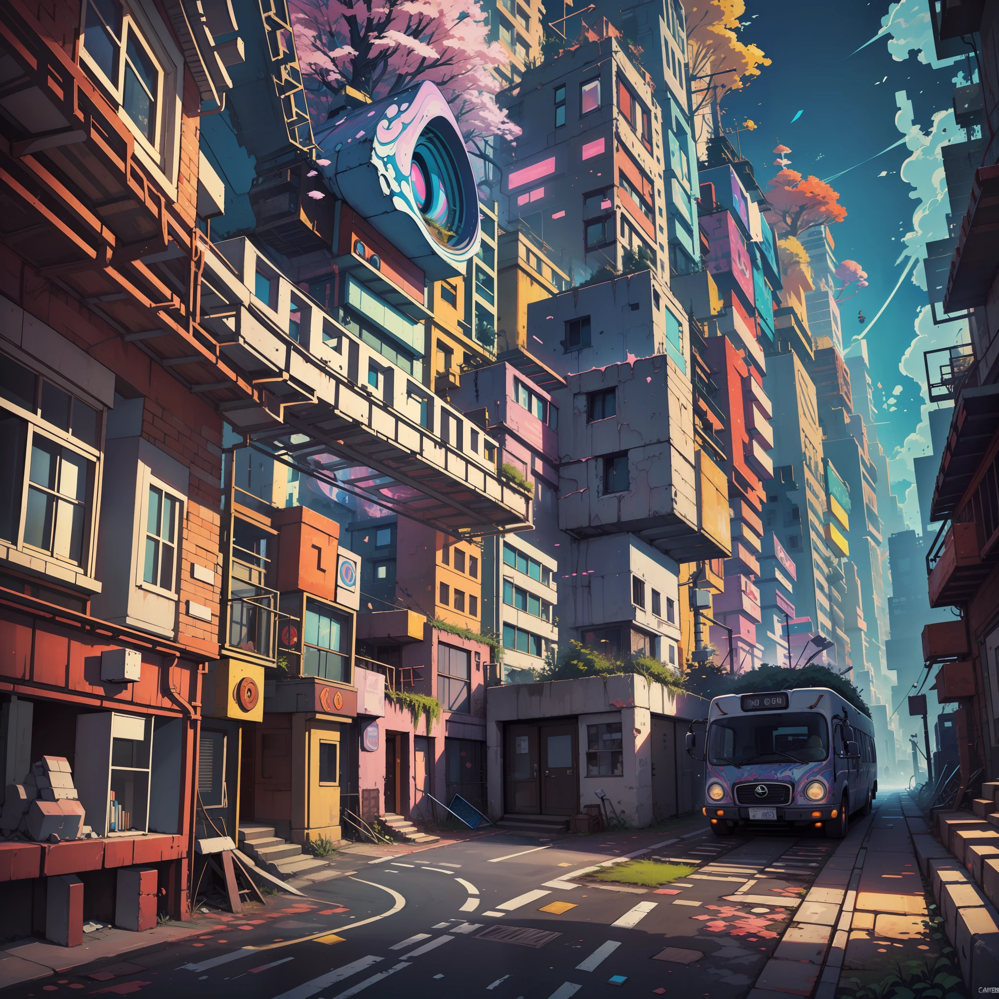 Melting buildings, high detail, Minimalism, lsd, psychedelic, very colorful, first-person view from a car window, Canon, UHD, super detail, high quality, best quality, high details, 8k.