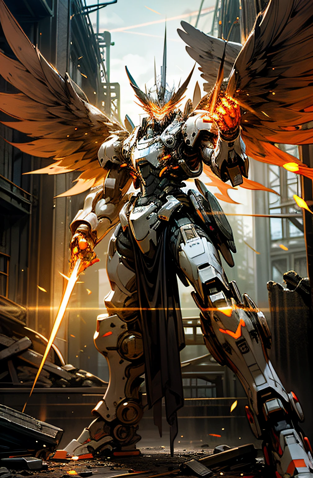 Mecha, Phoenix, Ruined City, Shining Skyrim Background (1.1), Glowing Eyes, Wings with Flame (Red), Science Fiction, Reality, Roaring Flames